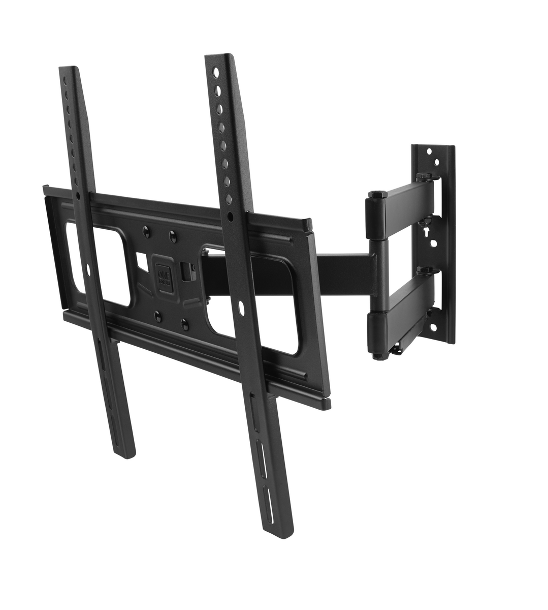 Soporte de pared para TV negro y articulado, con varios orificios para tornillos.