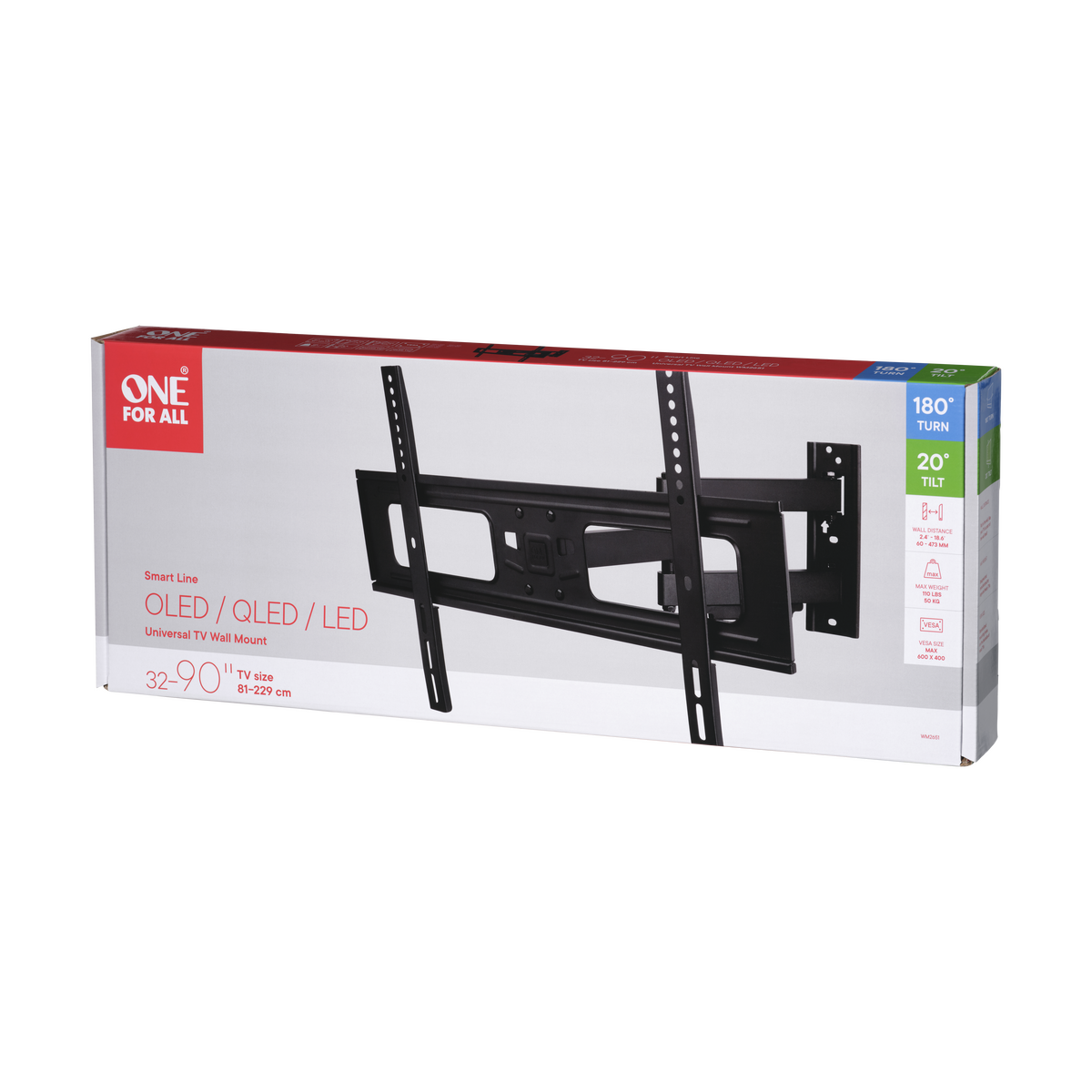 Caja con soporte de pared para TV, etiquetas y diagramas, fondo blanco.