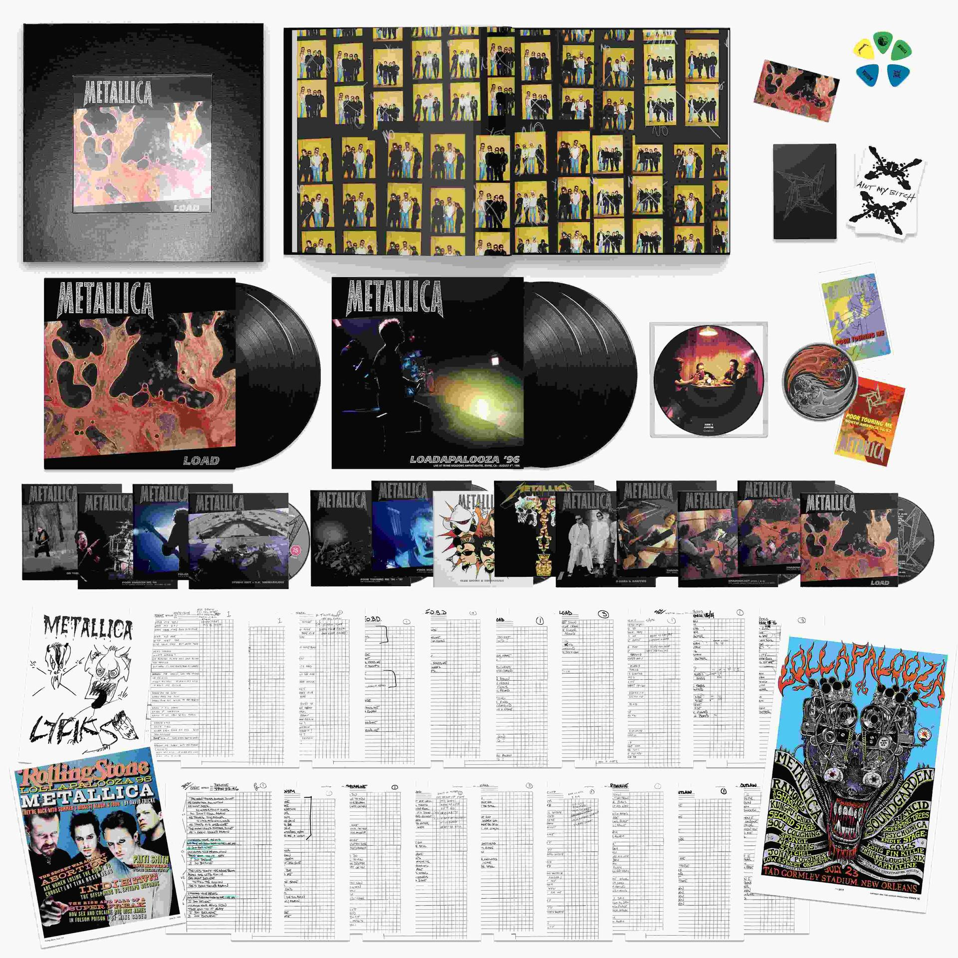 Eine Sammlung von METALLICA LOAD Albumartikeln: Vinyls, CDs, Fotos, Plektren und Liedtexte.