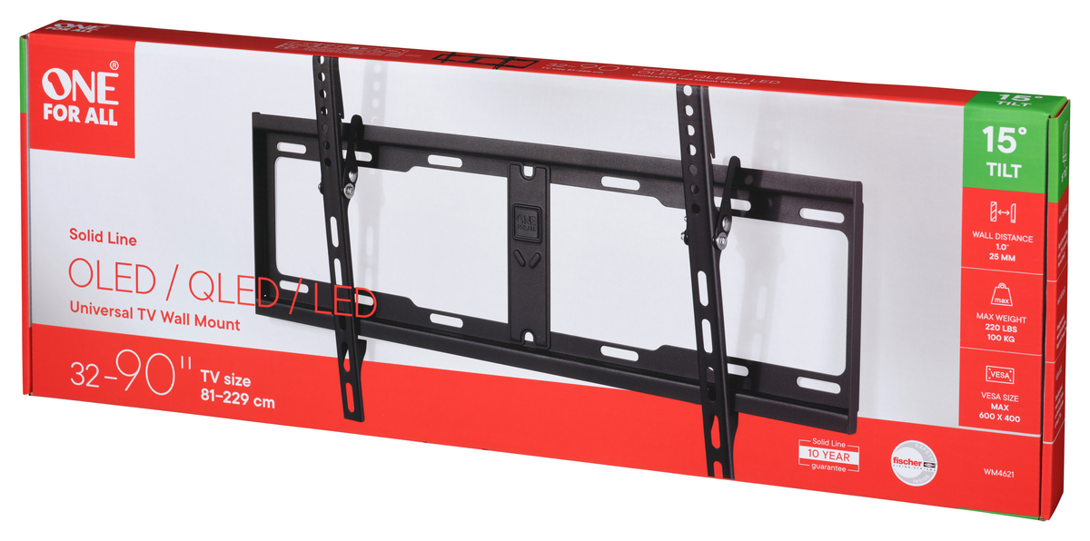 Una caja con un soporte de pared para TV, con detalles del producto y colores rojo y verde.