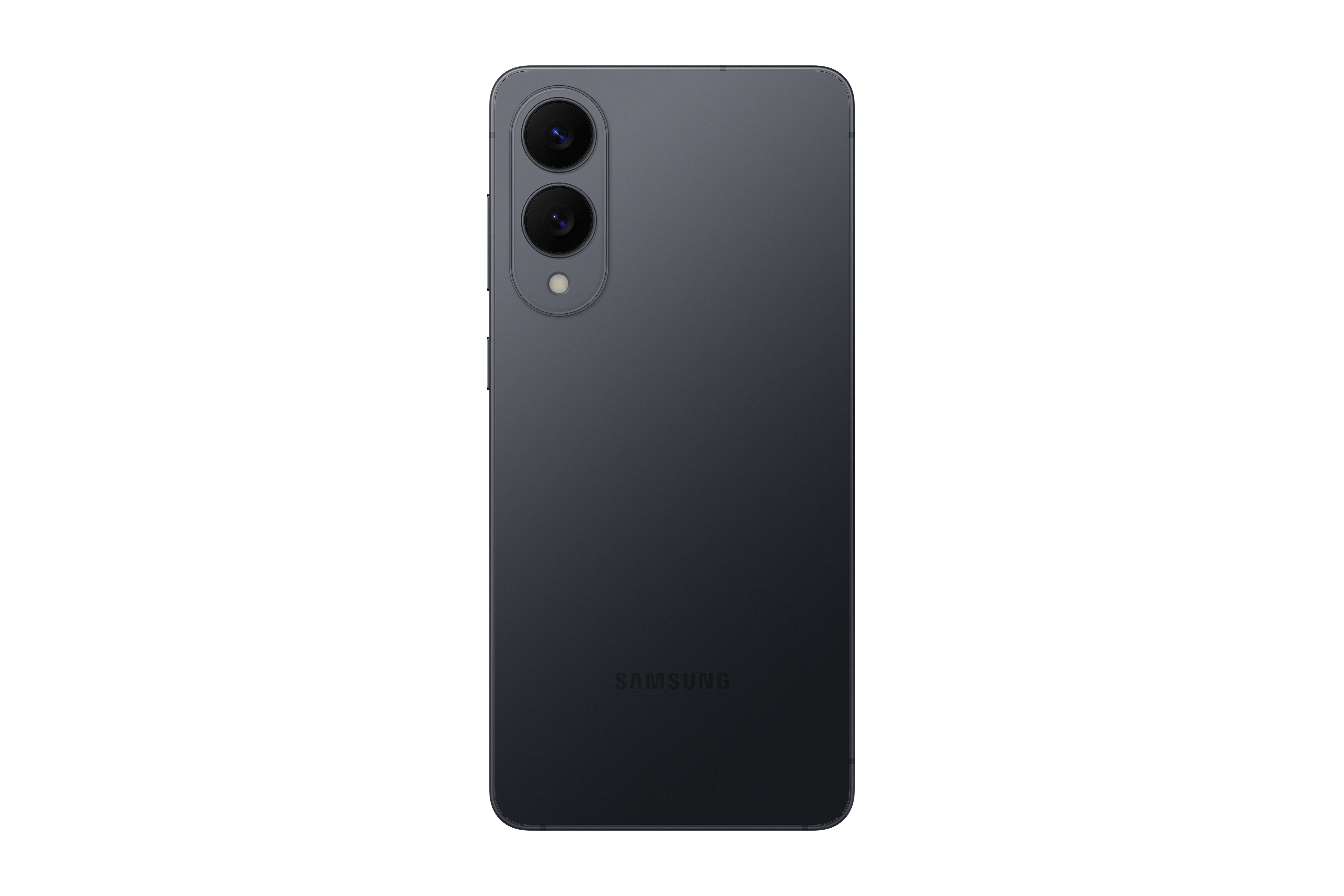 Die Rückseite eines dunkelgrauen Samsung-Telefons mit zwei vertikal angeordneten Kameralinsen.