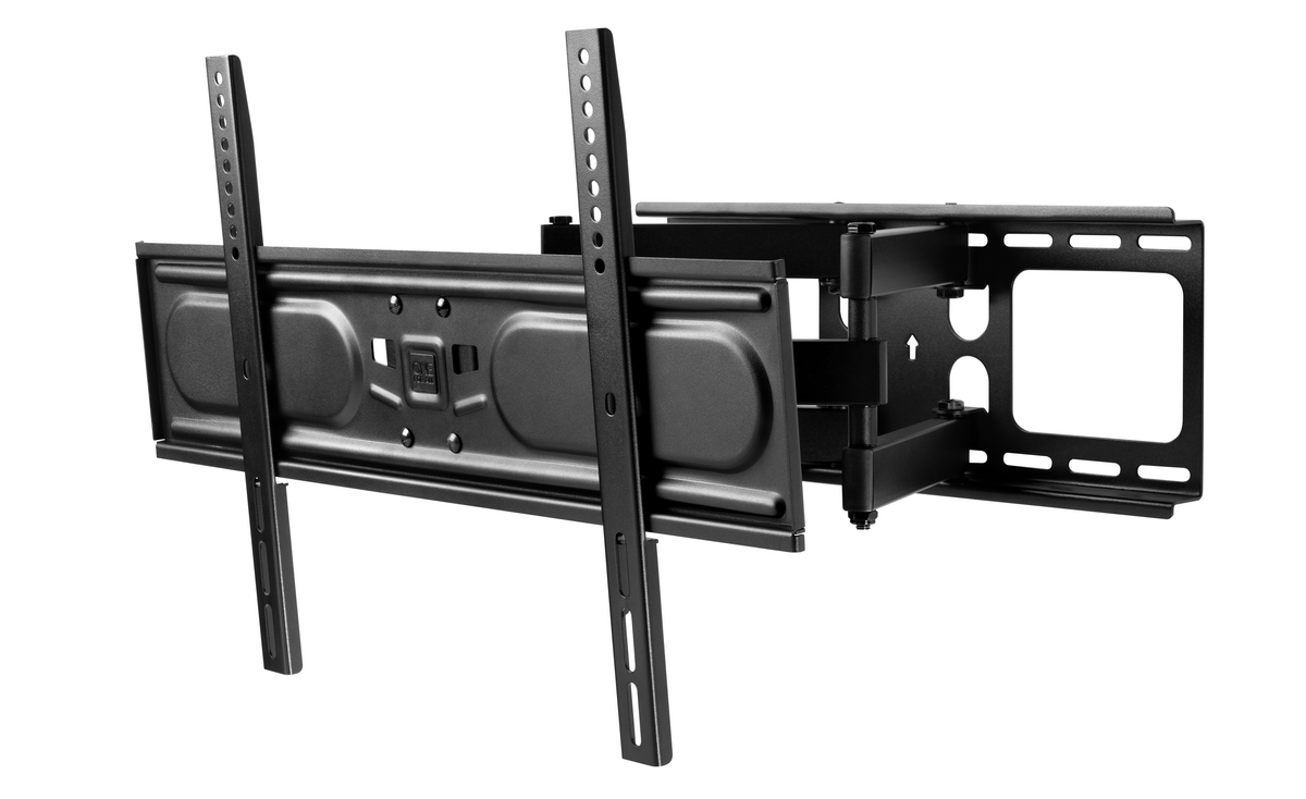 Un soporte de pared para TV negro. Tiene muchos agujeros y se puede ajustar.