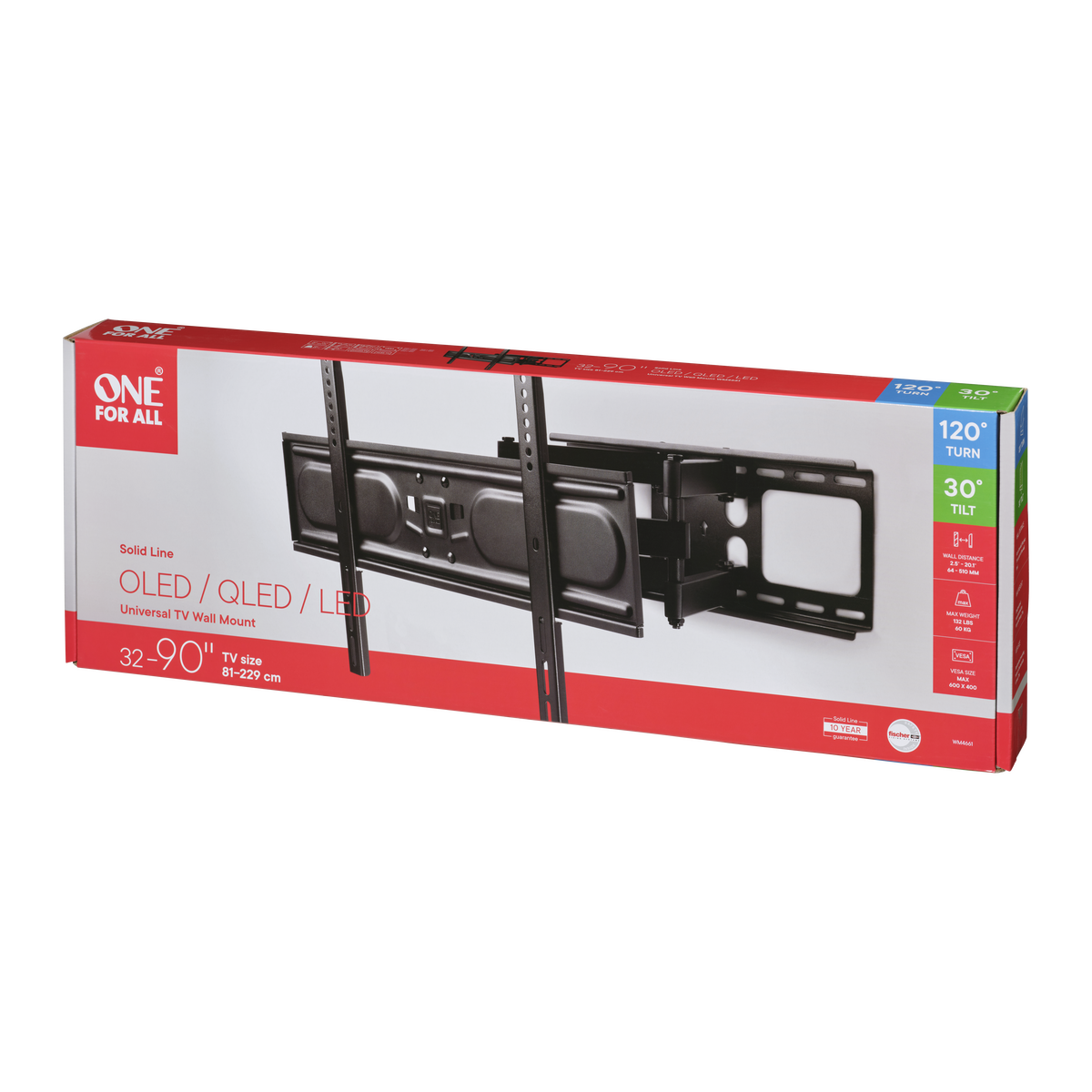 Caja con soporte de pared para TV, marca One For All e información del producto.