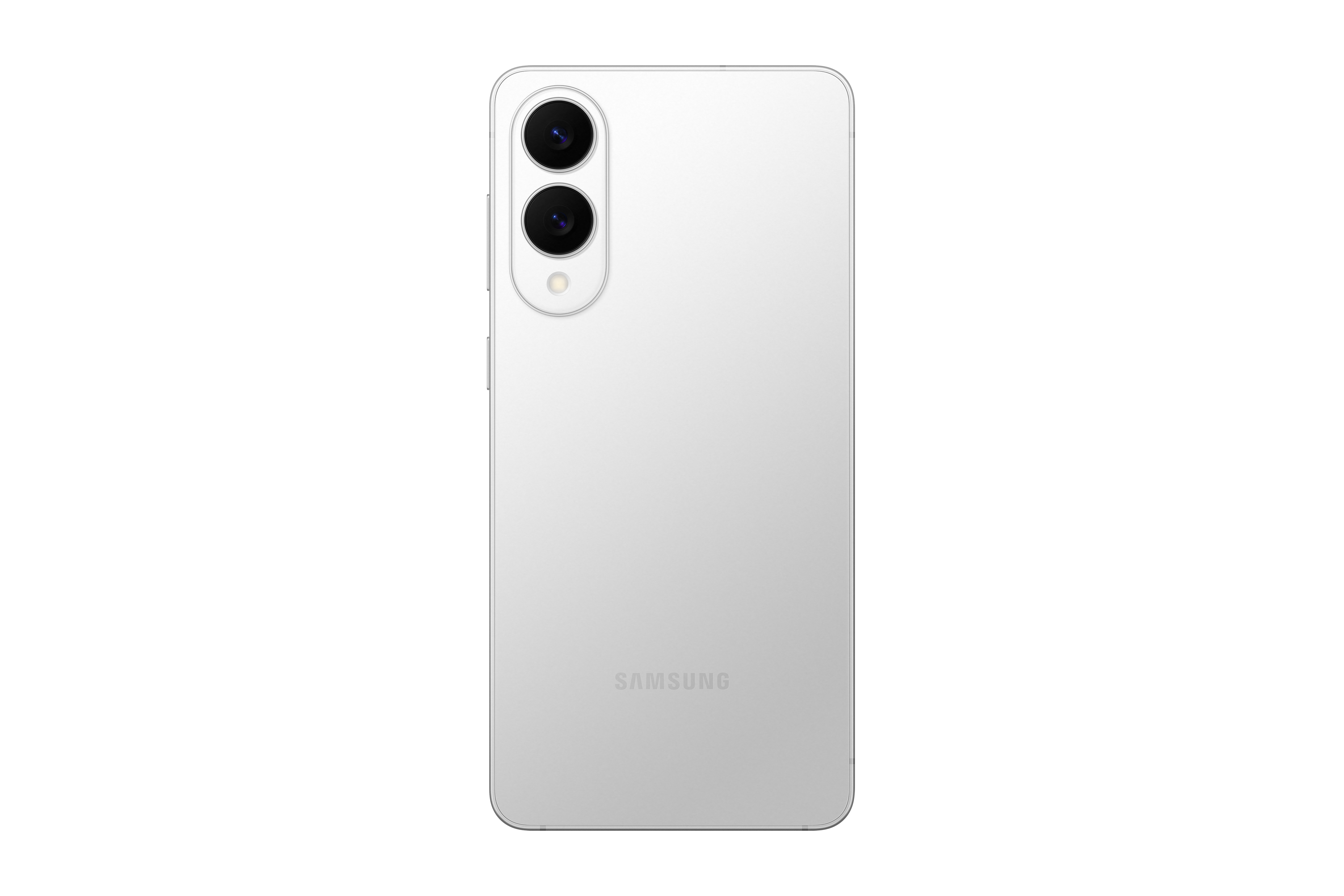 Die Rückseite eines weißen Samsung-Smartphones mit Kameraanordnung und Markenlogo.