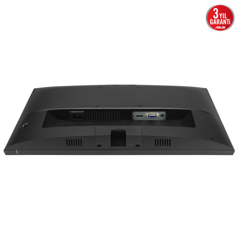 ASUS monitörün arka kısmı, giriş portları ve garanti etiketi.