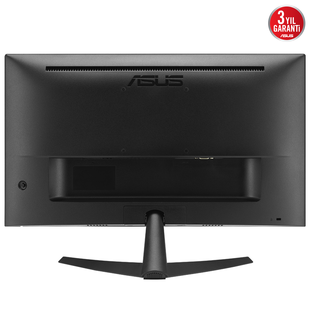 ASUS logosu ve standı olan siyah bir ASUS monitörün arkası.
