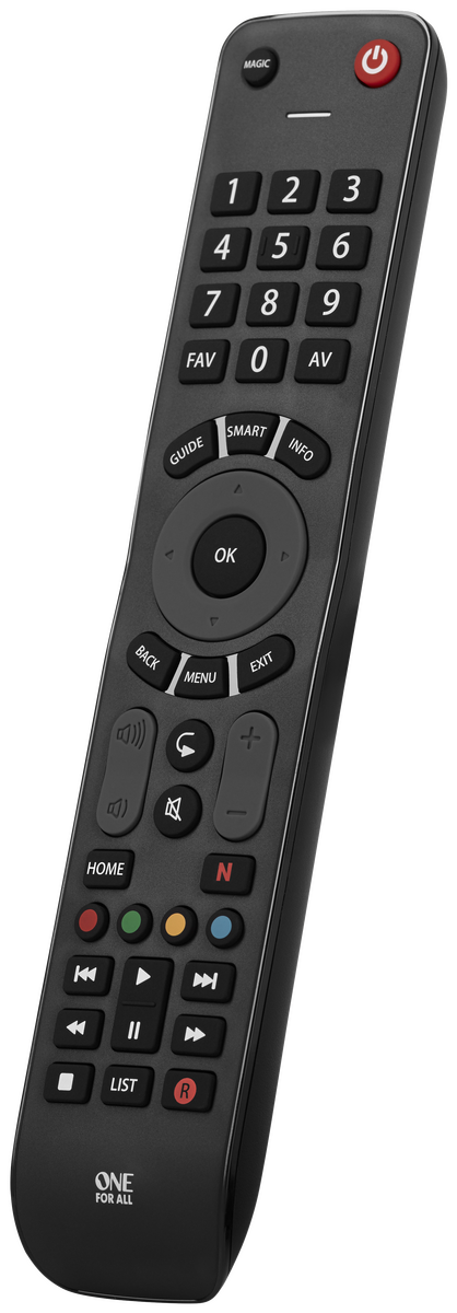 Mando a distancia de TV negro con muchos botones, etiquetados con números y funciones.