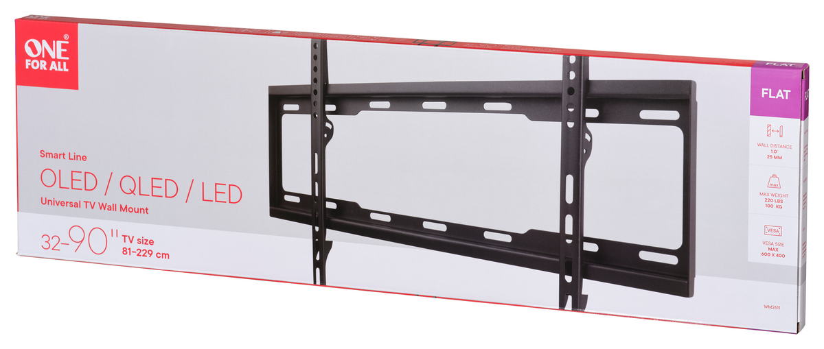 Caja blanca con un soporte de pared para TV y la marca ONE FOR ALL.