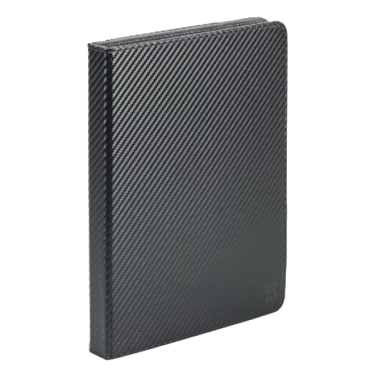 Cuaderno negro con textura similar al cuero, de pie sobre una superficie blanca.