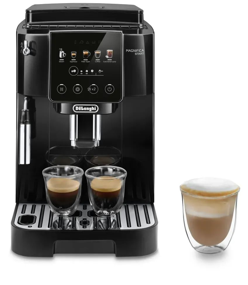 Egy fekete De'Longhi kávéfőző két eszpresszóval és egy lattéval.
