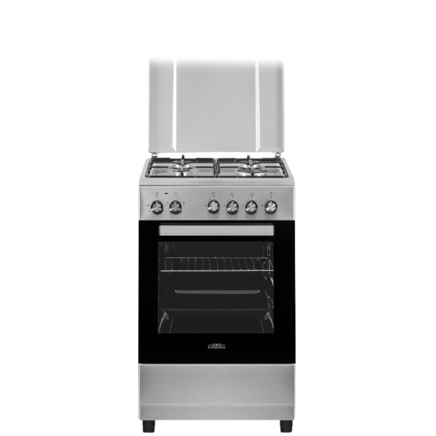 Roestvrijstalen oven en kookplaat met zwarte achtergrond. De ovendeur is open.