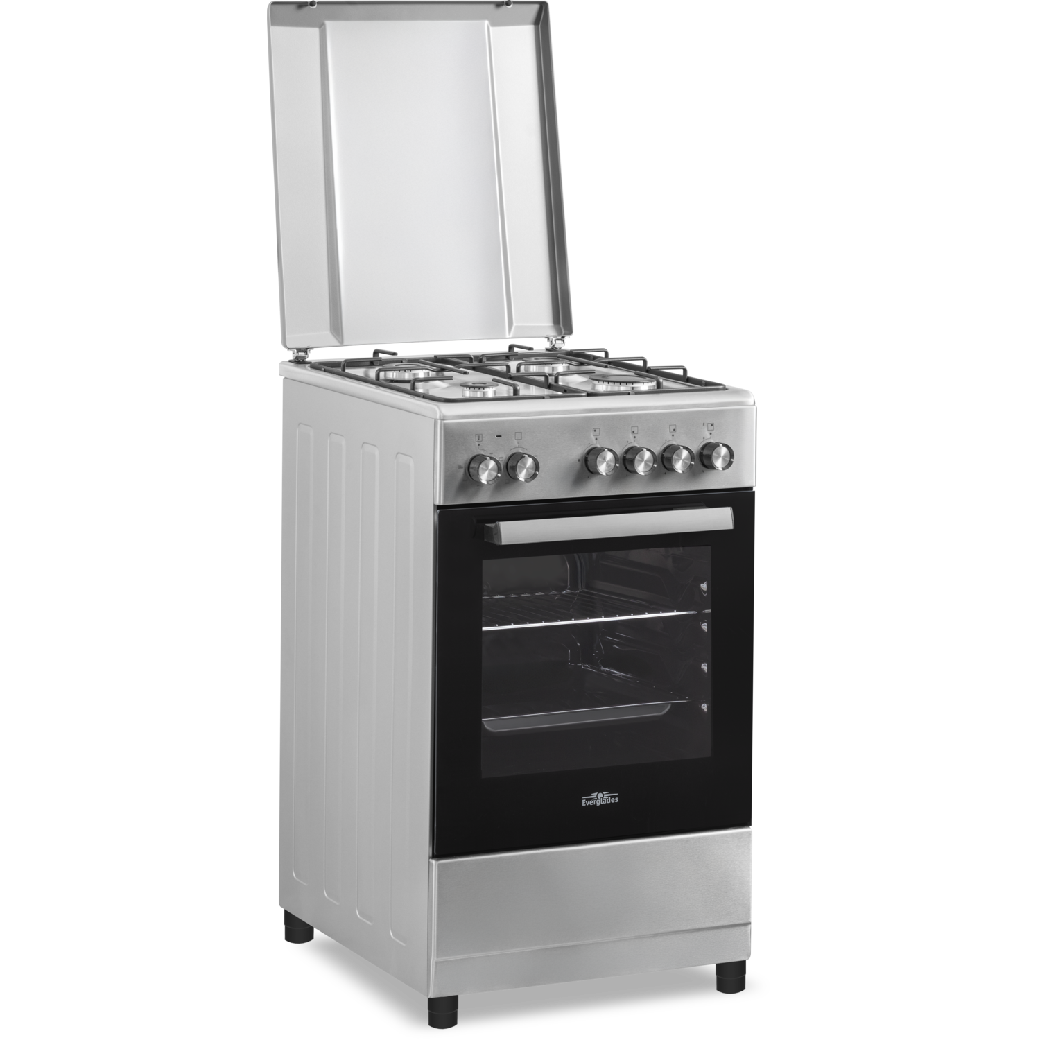 Zilveren oven met de deur open. De oven staat op een zwarte achtergrond.