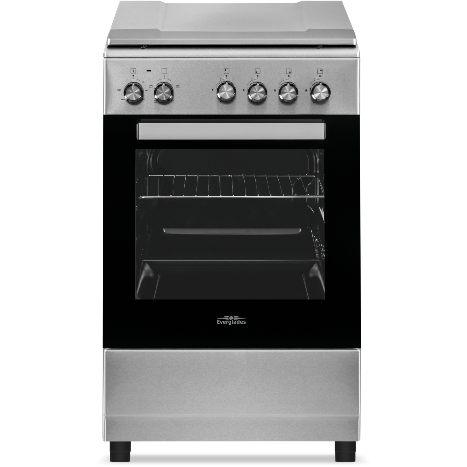 Oven, vooraanzicht. Zwarte deur en oveninterieur, zilveren knoppen en bovenkant.