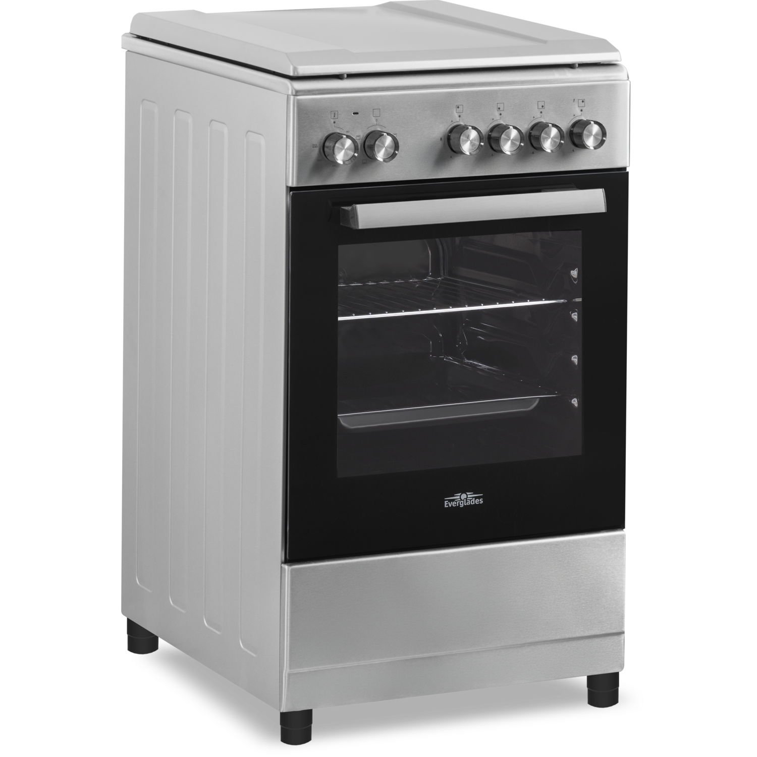 Zilveren oven, driekwart aanzicht. Zwarte deur en oveninterieur, zilveren knoppen.