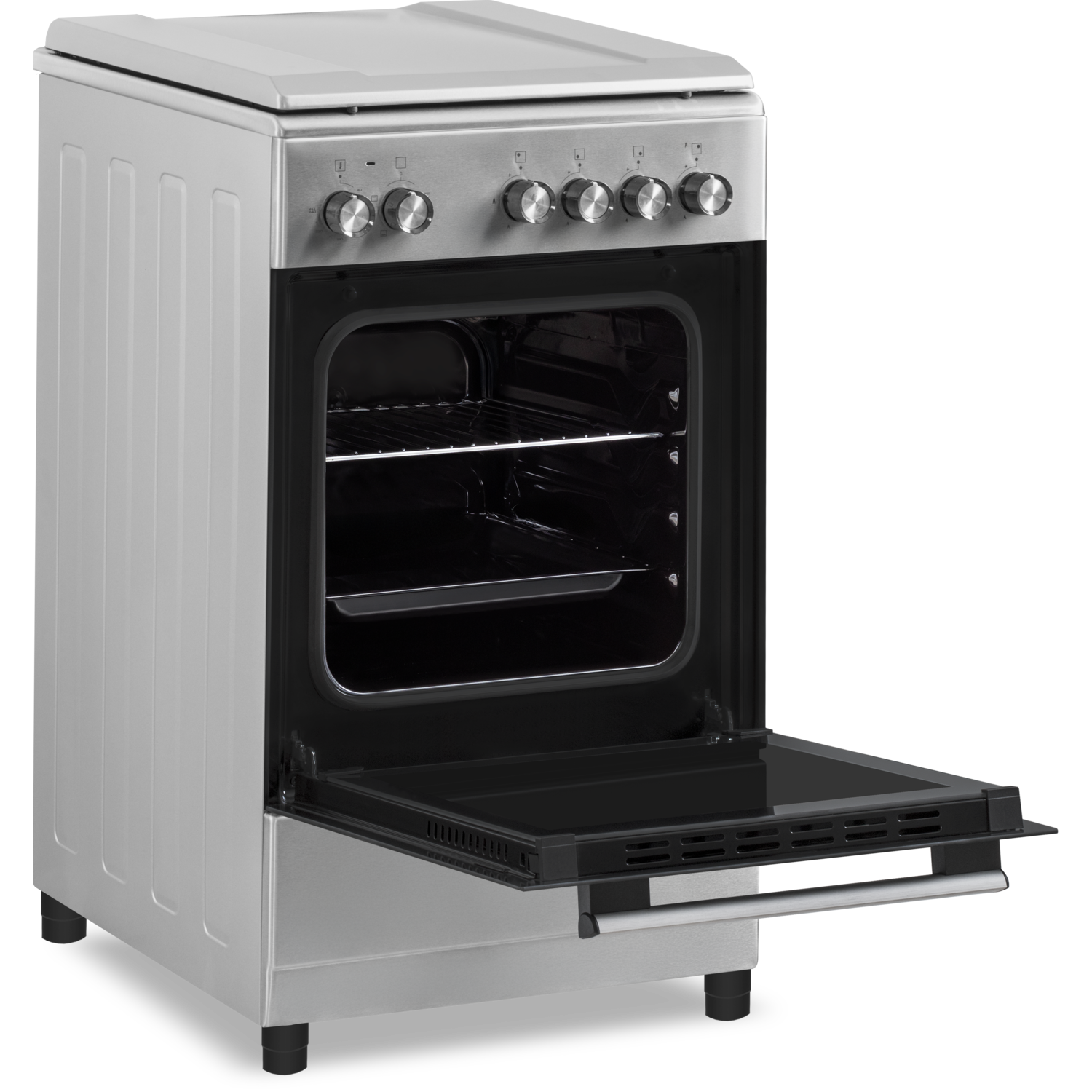 Zilveren oven met open deur, zwarte binnenkant en zilveren bedieningselementen.