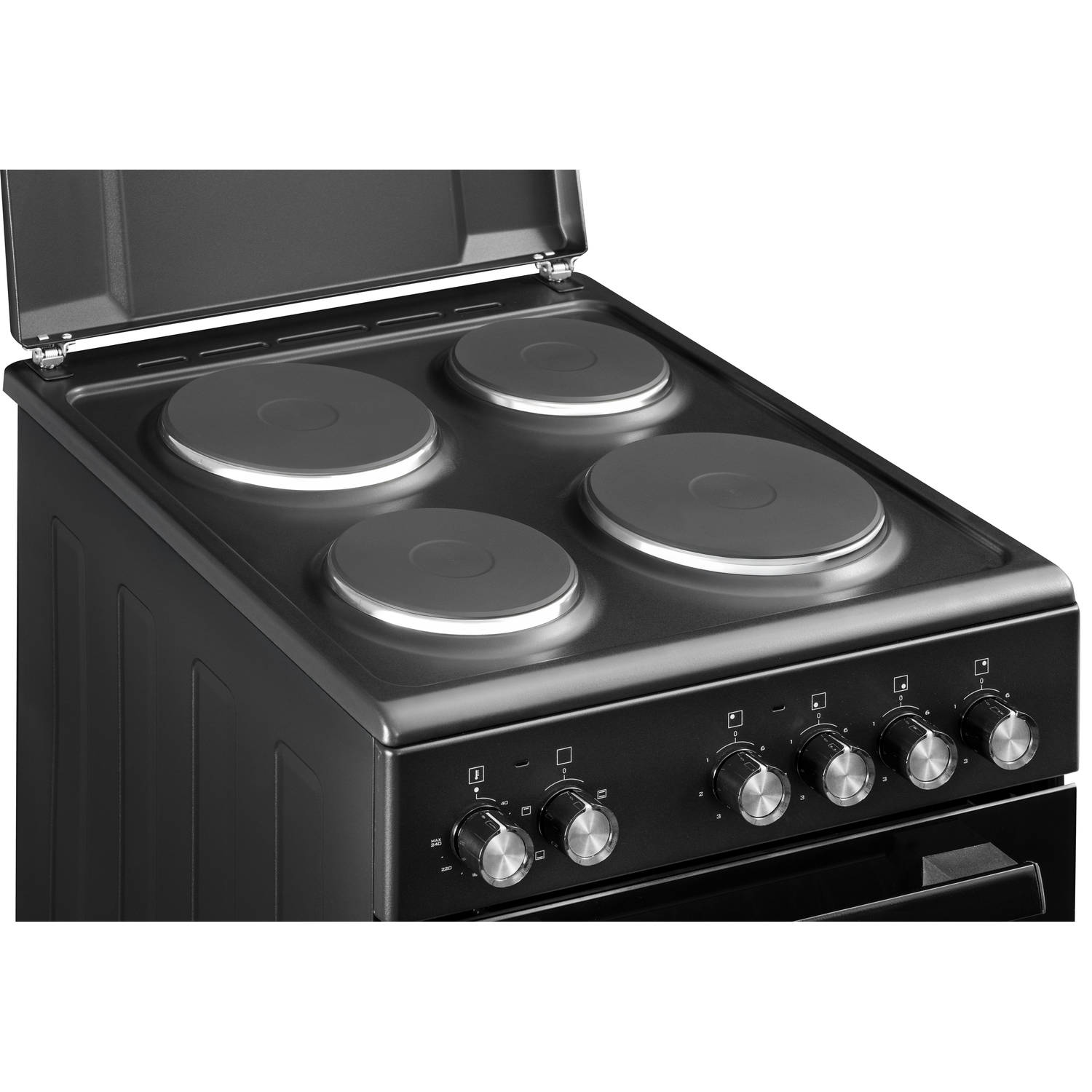 Gros plan sur une table de cuisson noire avec quatre éléments chauffants circulaires et des boutons.