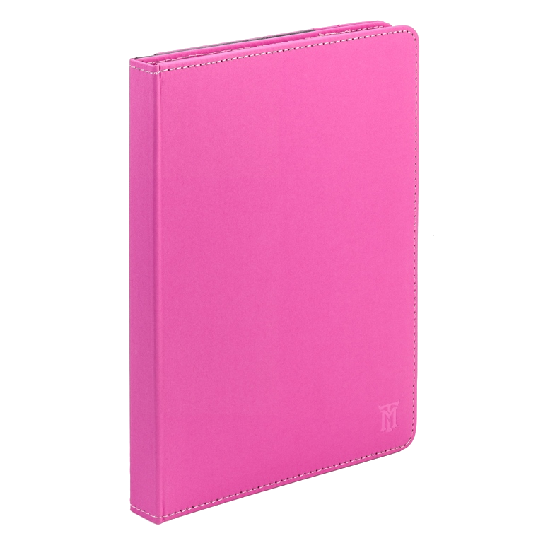Primer plano de un cuaderno rosa con costuras blancas alrededor del borde.