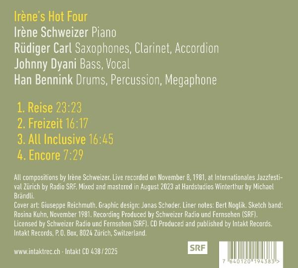 Das Cover zeigt den Titel 'Irène's Hot Four' und die Namen der Musiker mit ihren Instrumenten auf olivgrünem Hintergrund.
