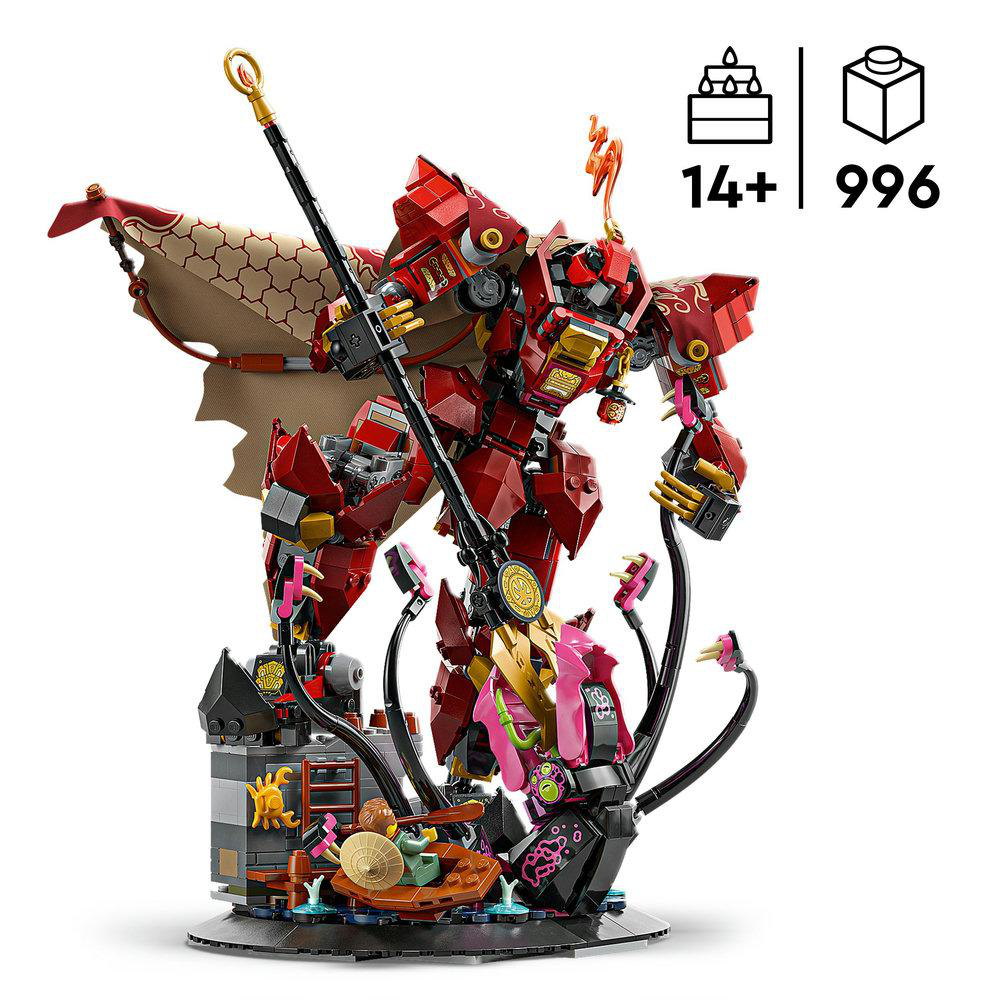 Ein roter LEGO-Roboter mit goldenen Akzenten steht auf einem verzierten Sockel, der ein Alter von 14+ und 996 Teile anzeigt.