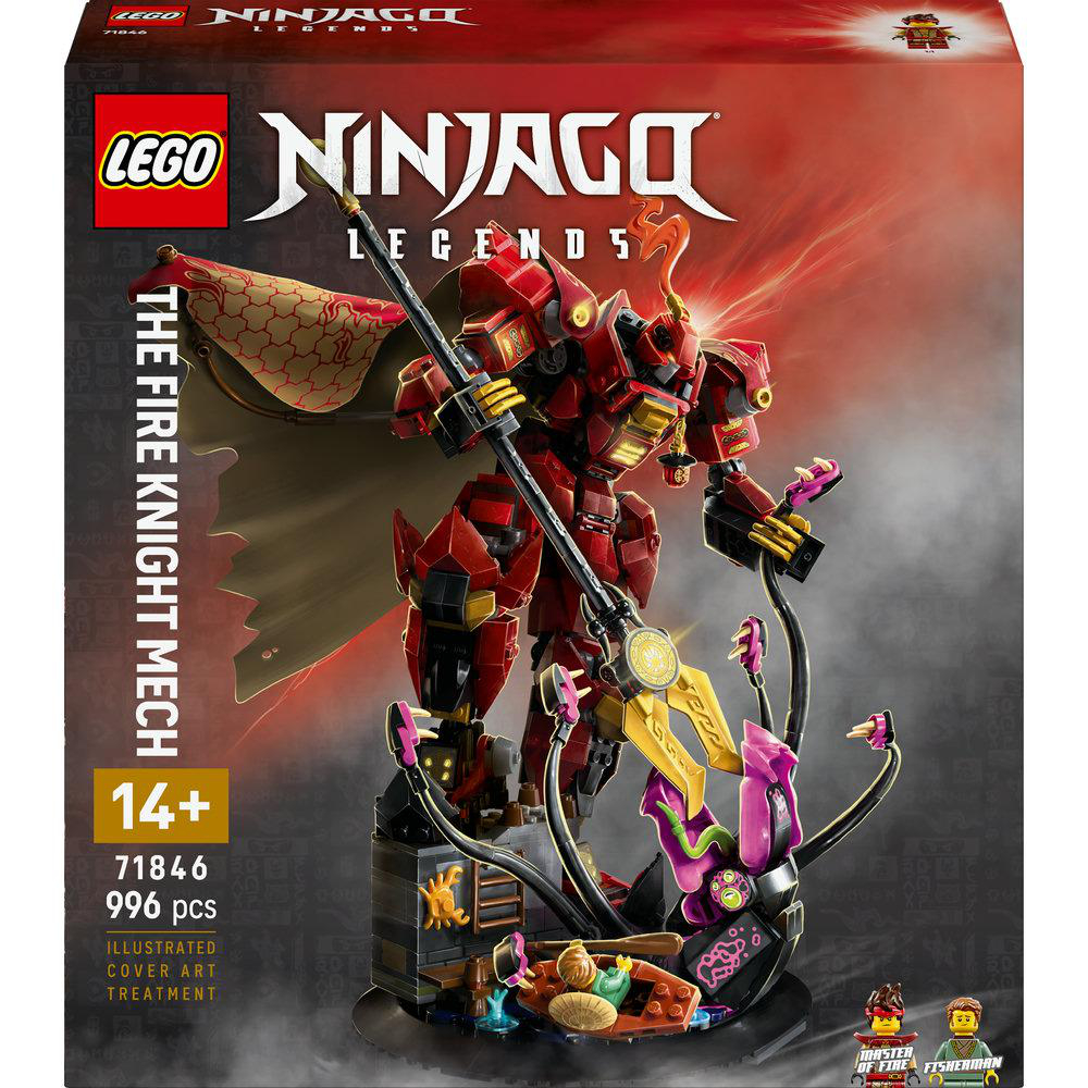 LEGO Ninjago Fire Knight Mech Bausatz mit roter Mech-Figur, goldener Waffe und Zubehör auf rotem Hintergrund.