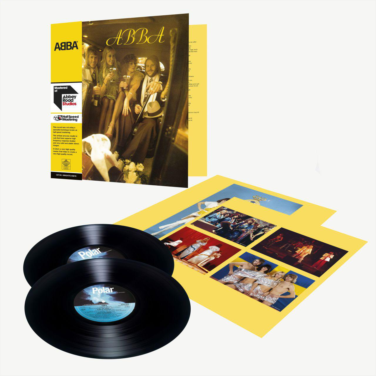 Ein ABBA-Albumcover mit zwei Schallplatten, das die Band in einem Auto und auf gelben Einlegern zeigt.
