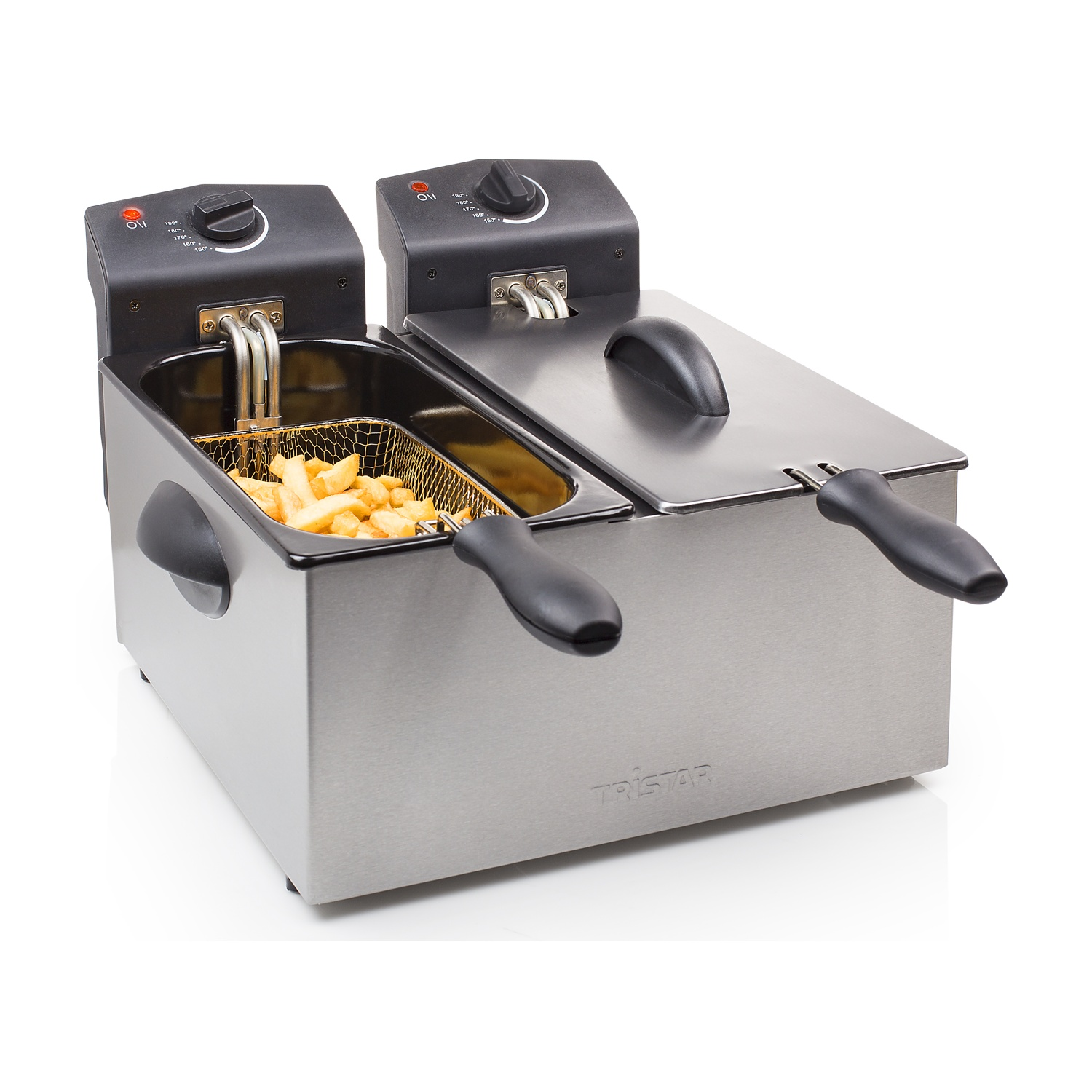 Friggitrice doppia in acciaio inox con patatine fritte in un cestello.