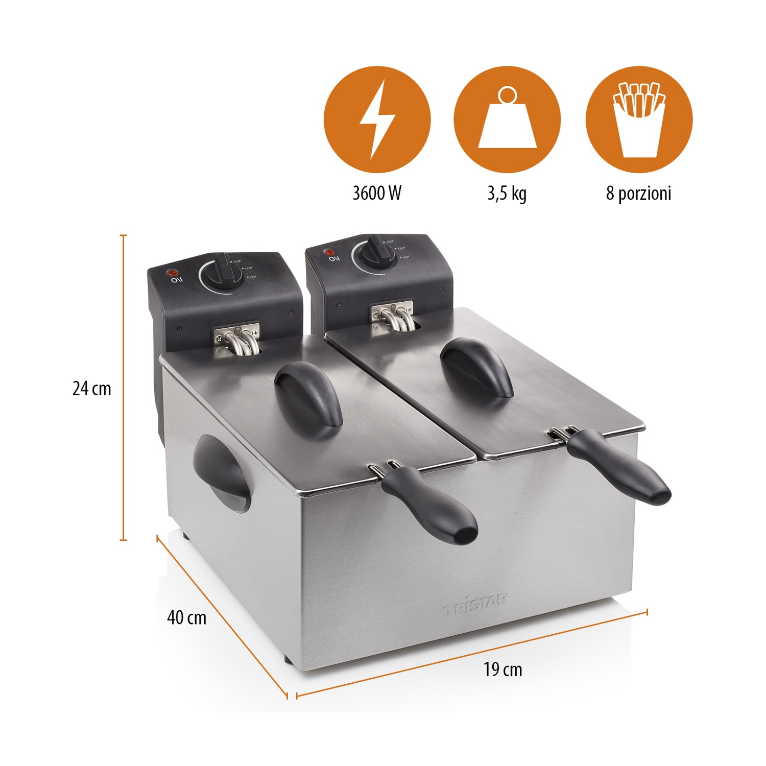 Friggitrice doppia in acciaio inossidabile con maniglie e comandi neri, con etichette di dimensione.