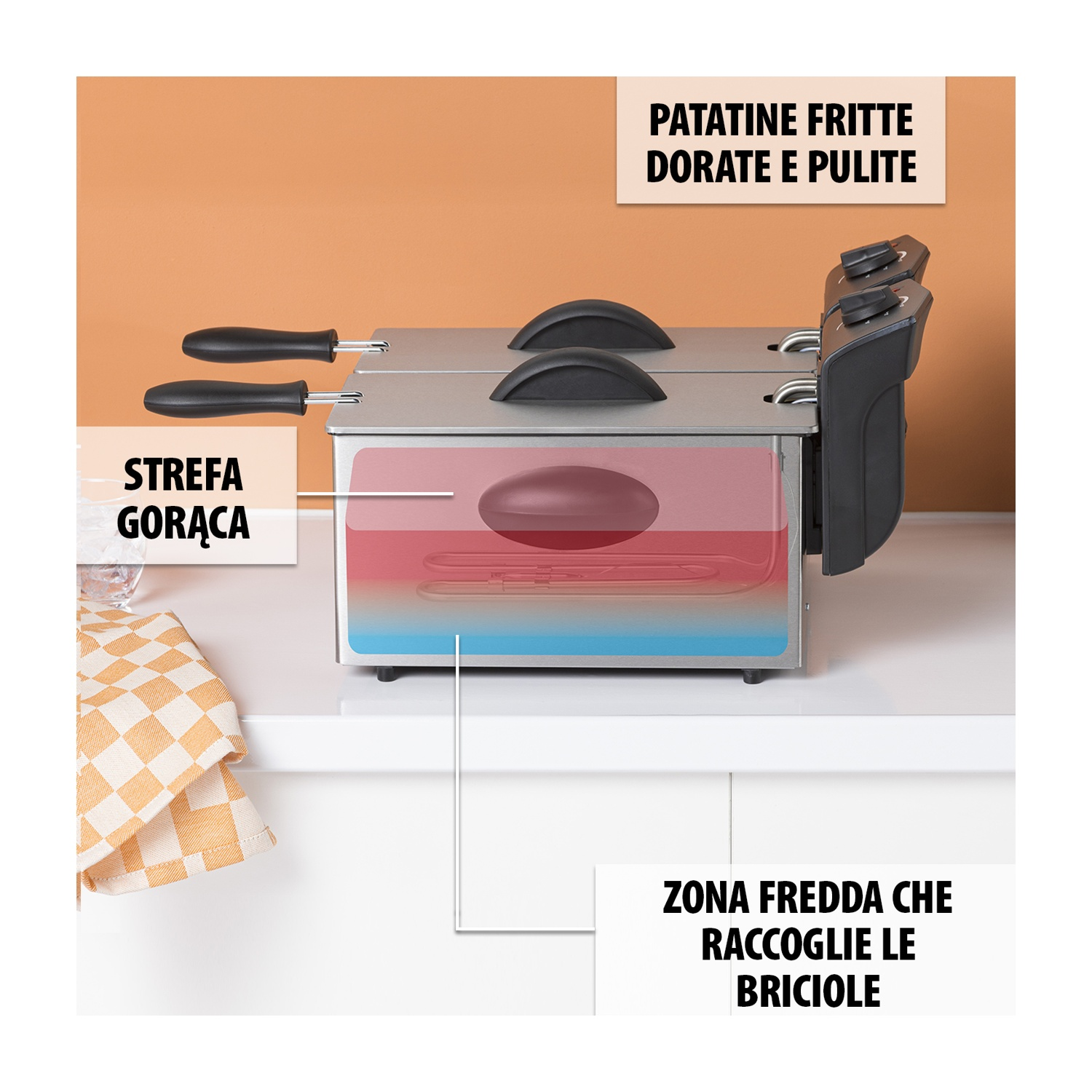 Una friggitrice a doppia vasca si trova su una superficie bianca contro uno sfondo arancione.
