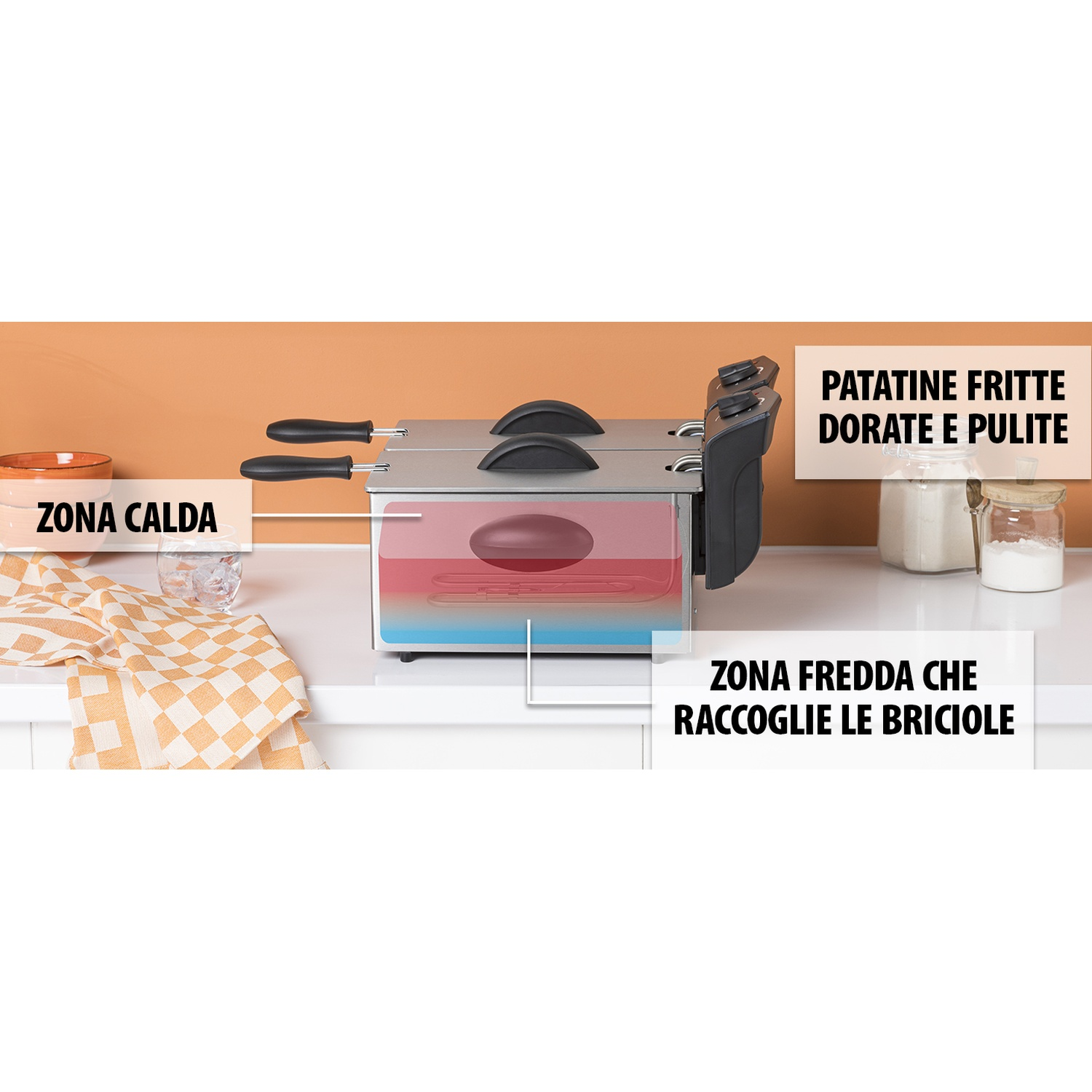 Una friggitrice è posizionata su un ripiano della cucina davanti a una parete arancione.