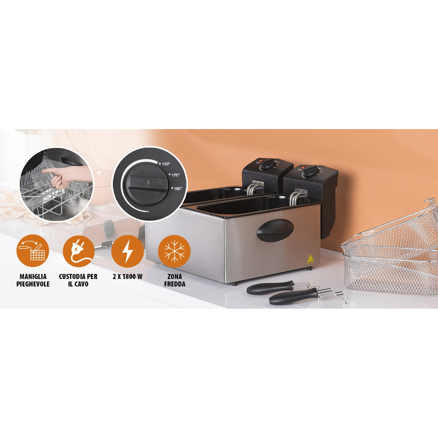 Friggitrice doppia in acciaio inossidabile con controlli di temperatura e accessori.