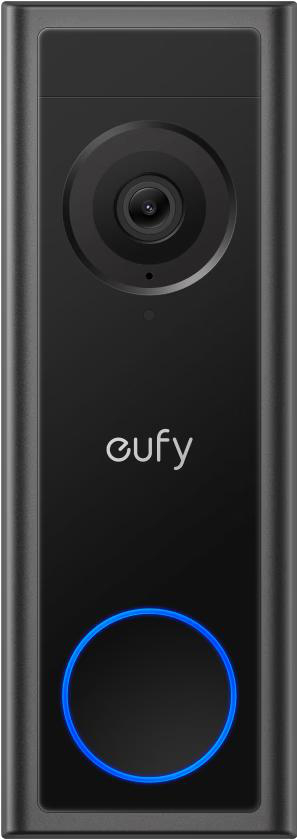 Schwarze Eufy-Türklingel mit Kamera und blauem Lichtring.