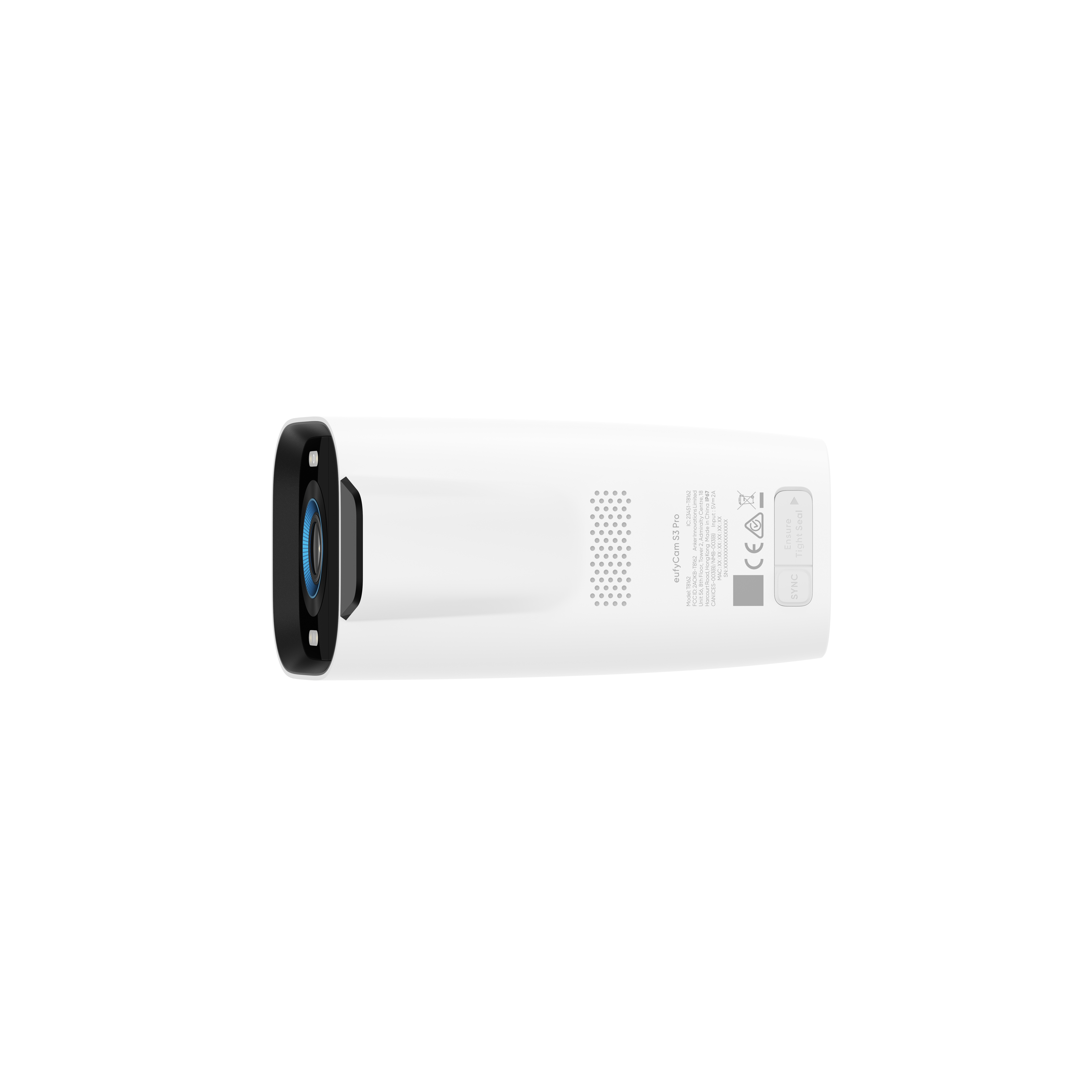 Weiße eufyCam S3 Pro Sicherheitskamera mit schwarzer Blende und blauer Linse auf weißem Hintergrund.