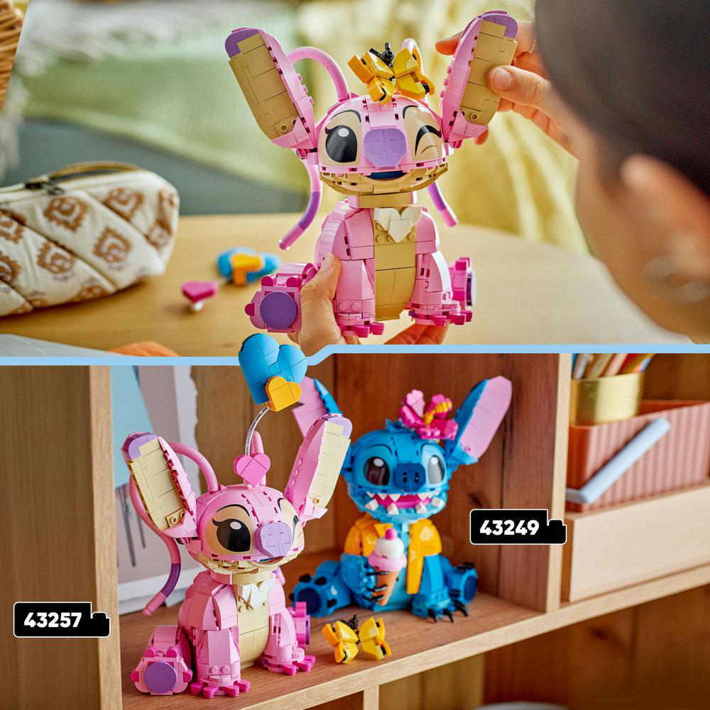 Das Bild zeigt zwei LEGO-Sets von Stitch und Angel, beide in lebendigen Farben und mit den Produktnummern 43257 und 43249.