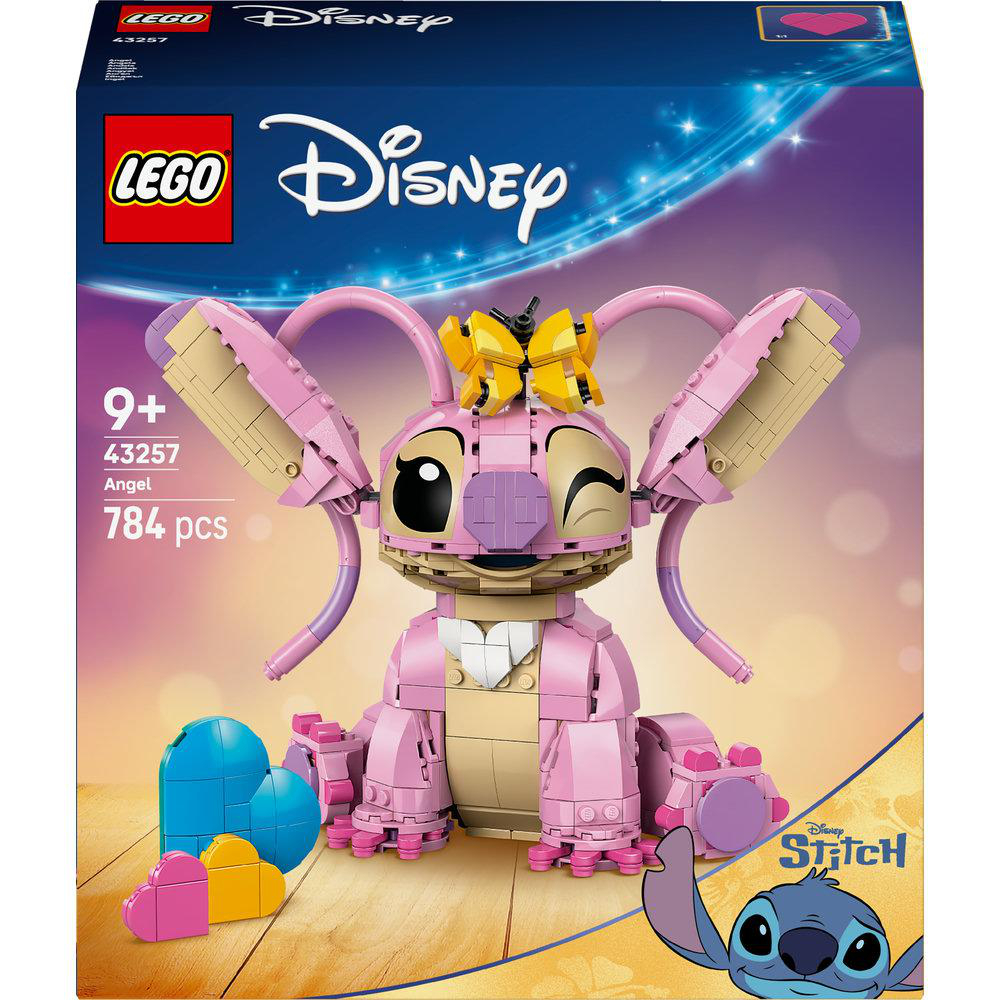 LEGO Disney Angel Bausatz mit rosa Figur, gelber Schleife und bunten Herzen auf blauem Hintergrund.