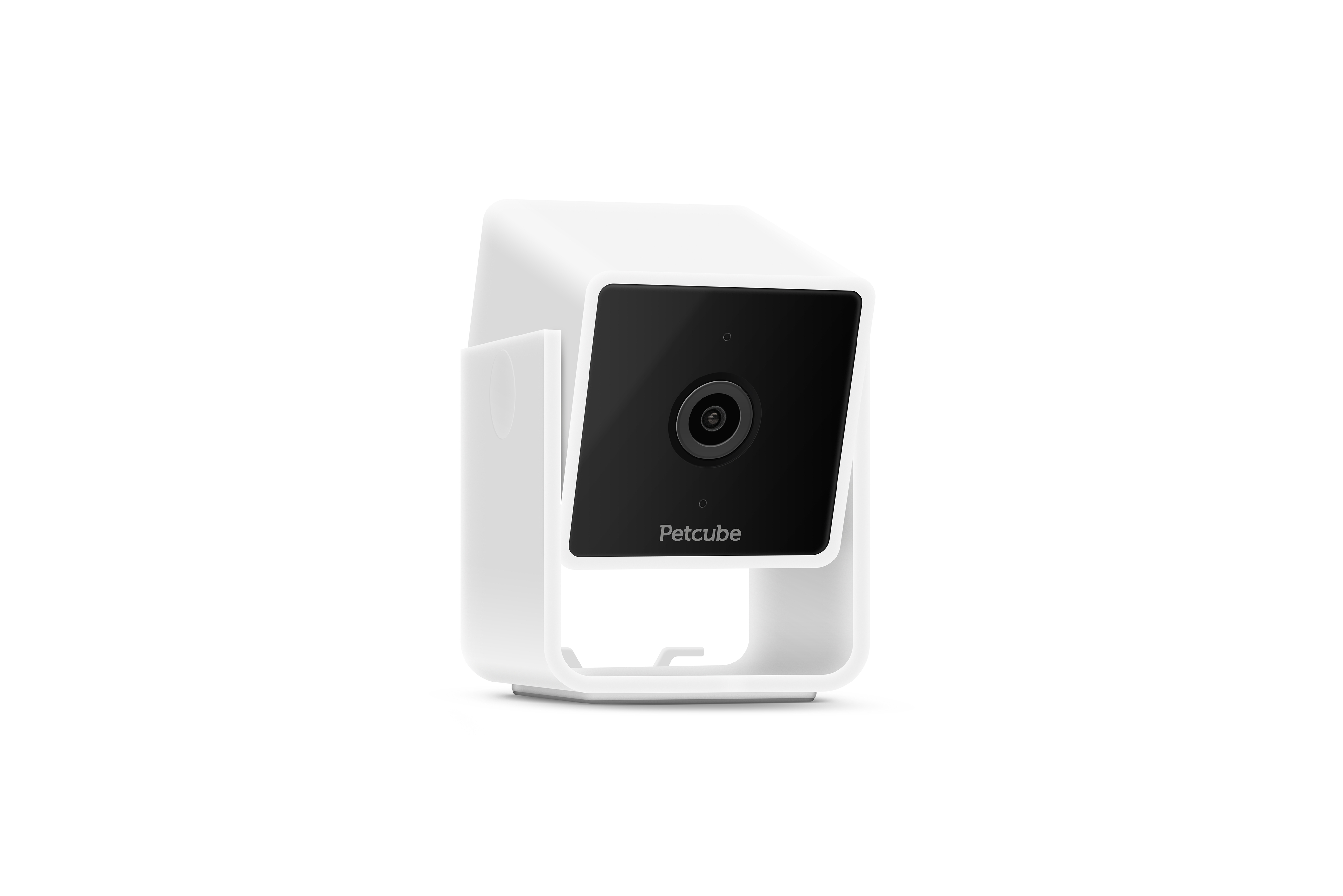 Nahaufnahme einer weißen Petcube-Kamera auf weißem Hintergrund.