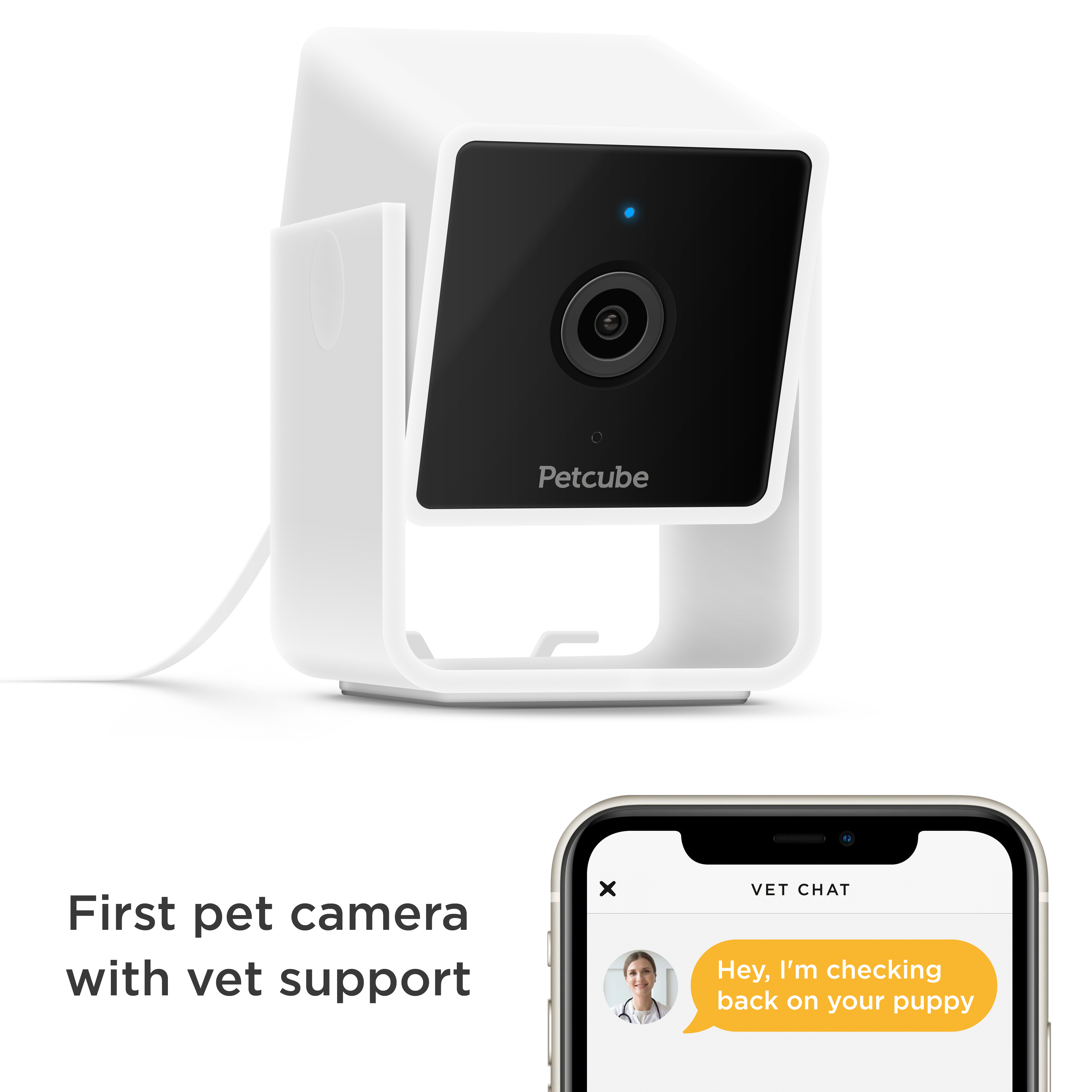 Eine weiße Petcube-Kamera mit einer schwarzen Frontplatte und einem Telefon, das einen Tierarzt-Chat auf weißem Hintergrund zeigt.