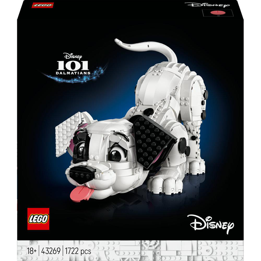 LEGO Disney 101 Dalmatiner Set in Box, weißer Hund mit rosa Zunge.