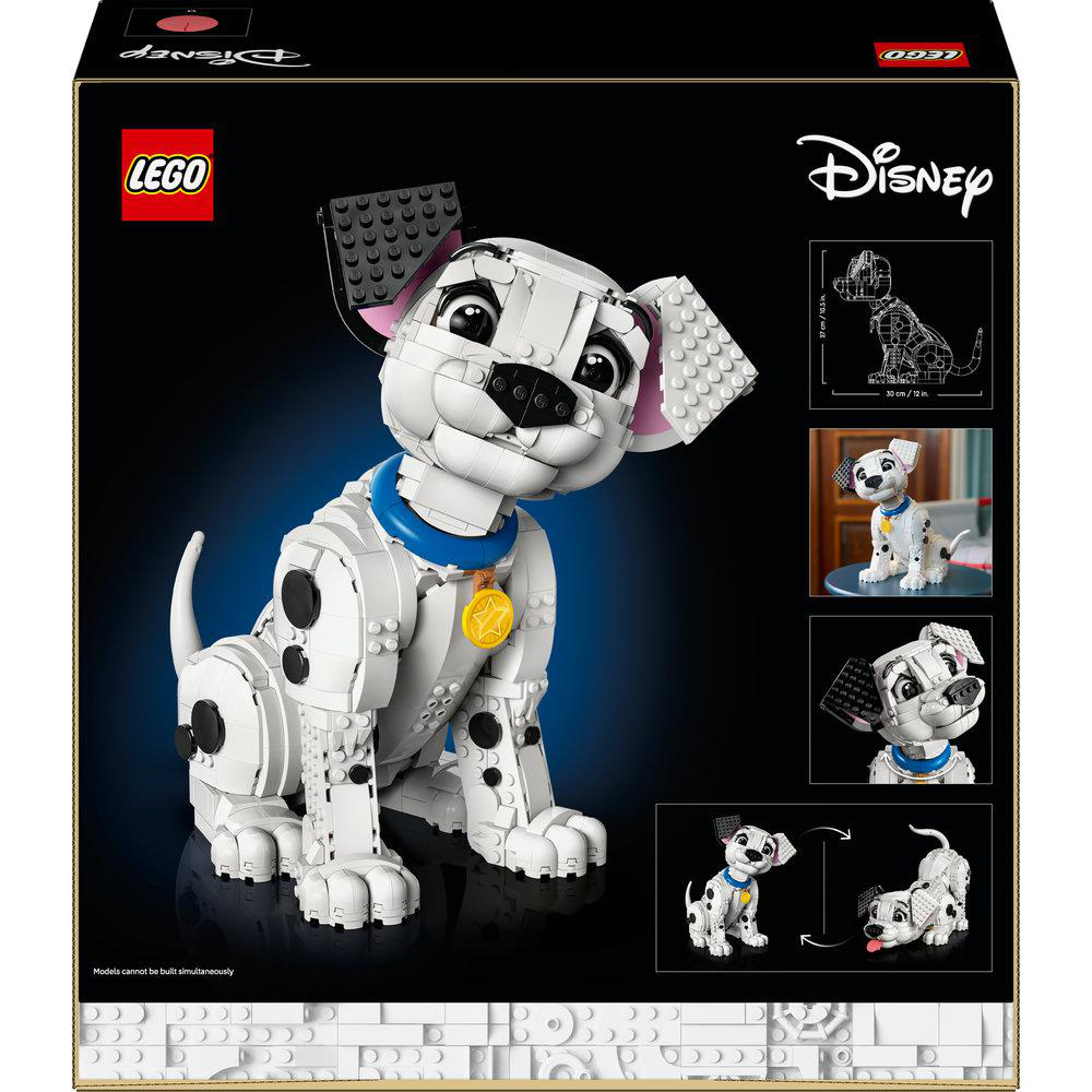 LEGO Disney 101 Dalmatiner Set-Box mit baubarem Hund, blauem Halsband und goldenem Anhänger.