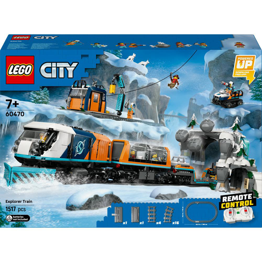 Eine Lego City Explorer Train Set Box zeigt einen weißen, orangefarbenen und blauen Zug auf verschneiten Gleisen mit einer Berglandschaft.