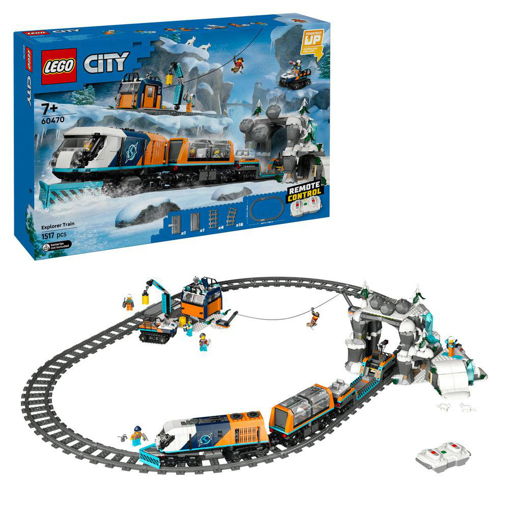 Ein Lego City Explorer Train Set. Die Box zeigt einen Zug auf verschneiten Gleisen, mit Fernbedienung. Das Set enthält Zug, Gleise und Figuren.