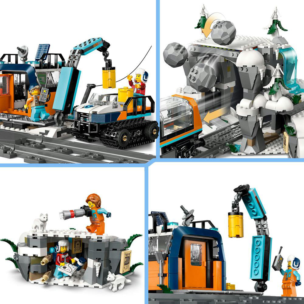 Eine Collage zeigt Lego-Spielzeug, darunter Züge, Figuren und Bauwerke in verschiedenen Szenen.