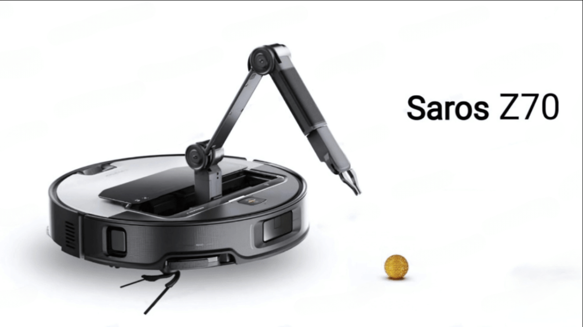 Beyaz bir arka plan üzerinde robotik kolu olan bir Saros Z70 robotu, altın bir topun yanında.