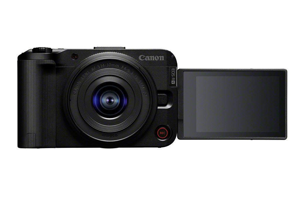 Eine schwarze Canon EOS R Kamera mit Objektiv und ausgeklapptem Bildschirm wird vor einem weißen Hintergrund gezeigt.