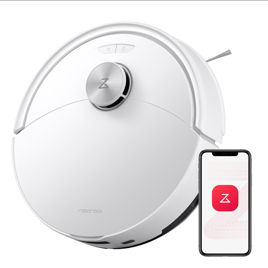 Beyaz bir robot süpürge ve beyaz bir arka planda Roborock uygulamasını gösteren bir akıllı telefon.