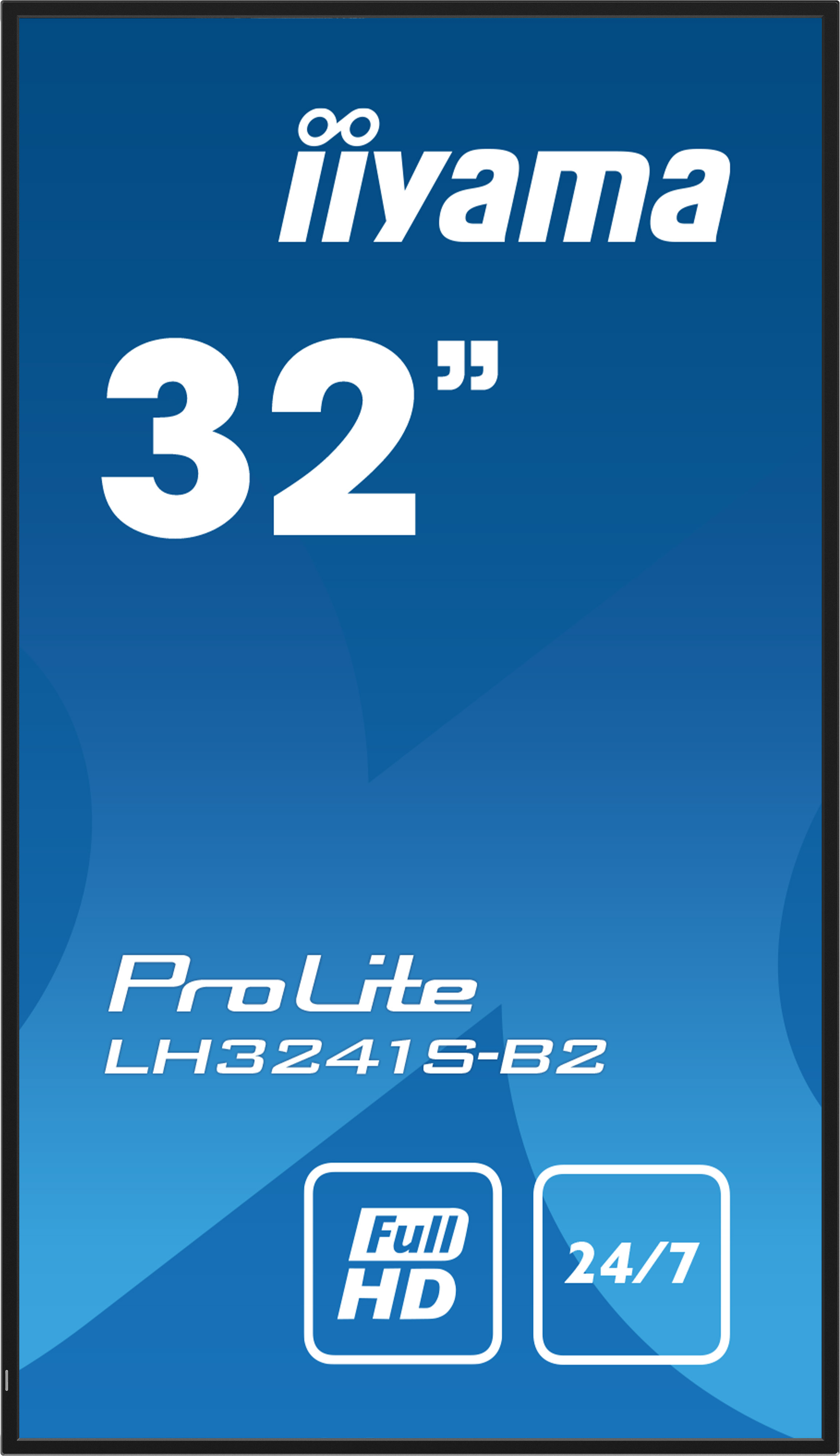 Werbung für einen Iiyama 32-Zoll ProLite LH3241S-B2 Full HD Monitor mit 24/7-Betrieb auf blauem Hintergrund.