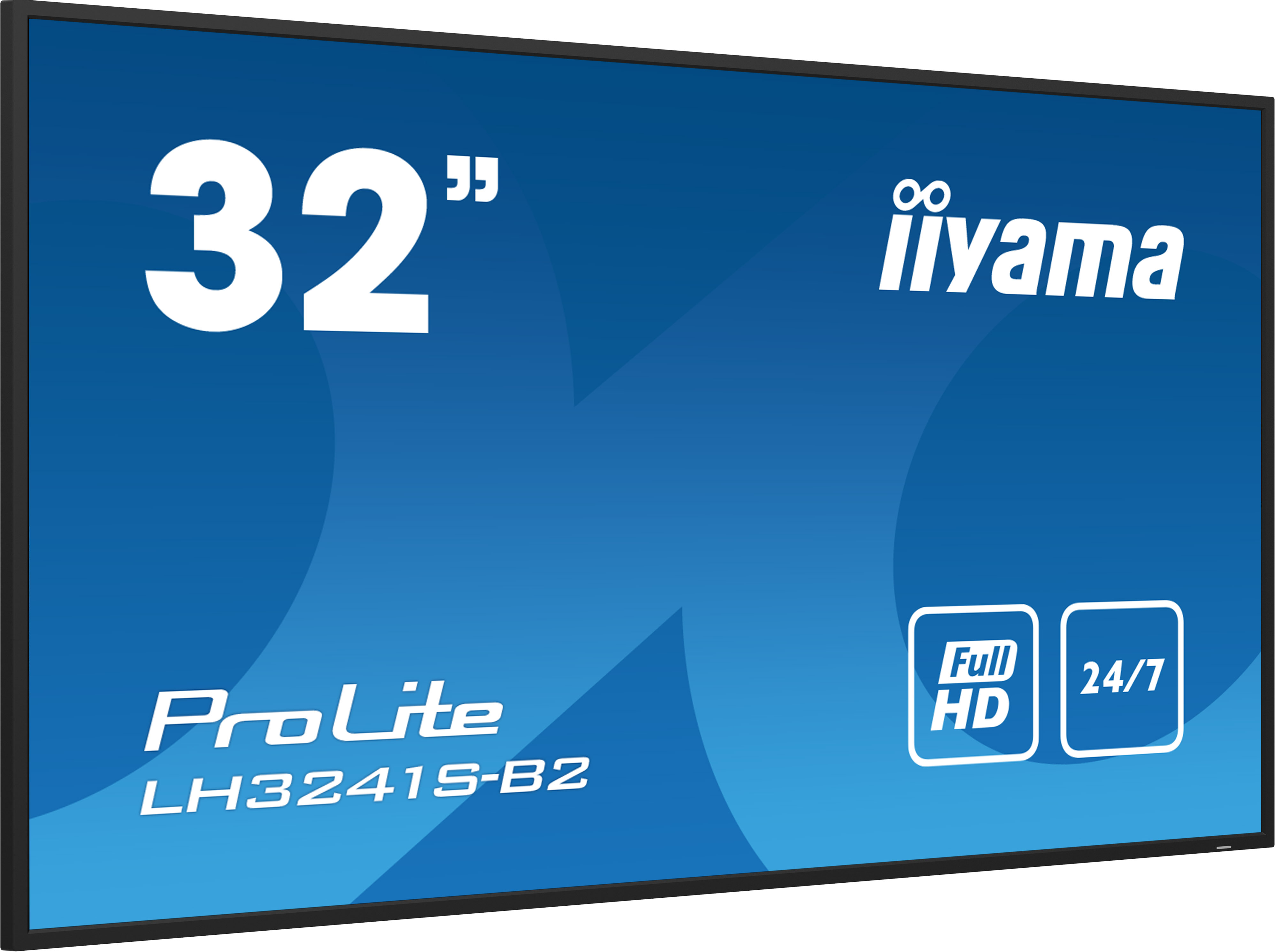 Ein 32-Zoll-Iiyama ProLite LH3241S-B2 Monitor mit Full HD und 24/7-Betrieb auf blauem Hintergrund.