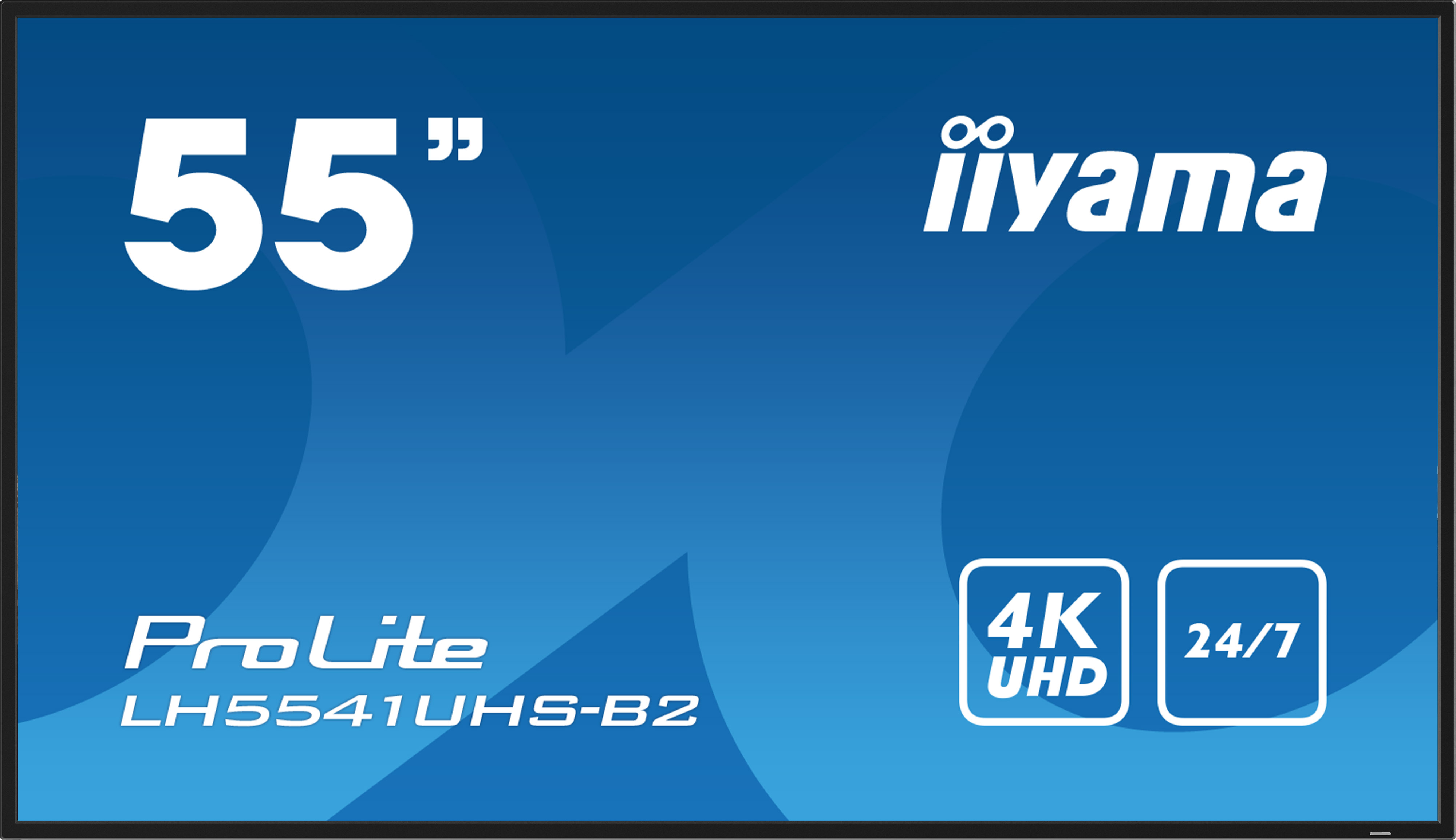 Ein 55-Zoll-Iiyama ProLite LH5541UHS-B2 4K UHD-Display mit 24/7-Betrieb vor blauem Hintergrund.