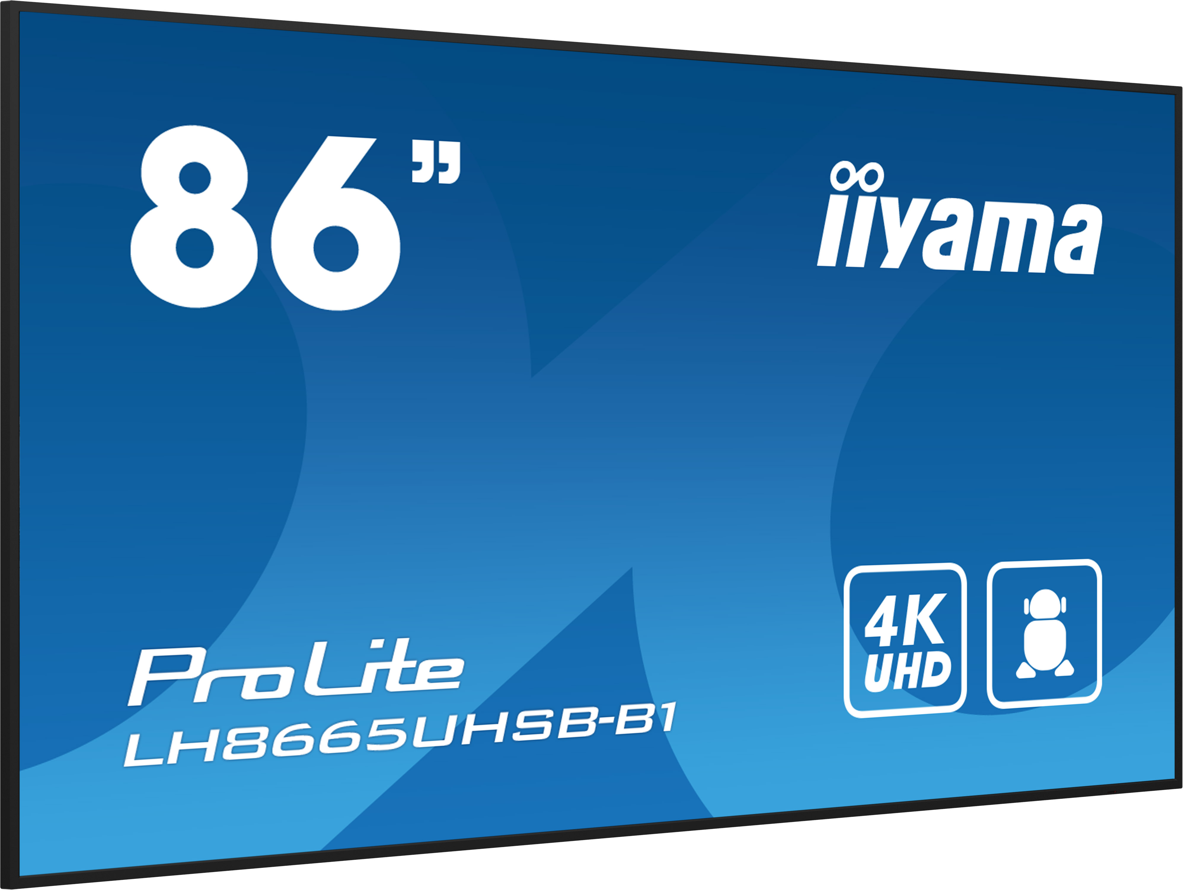 Ein 86-Zoll-Iiyama ProLite LH8665UHSB-B1-Display mit 4K-UHD-Auflösung und Benutzerprofilen auf blauem Hintergrund.
