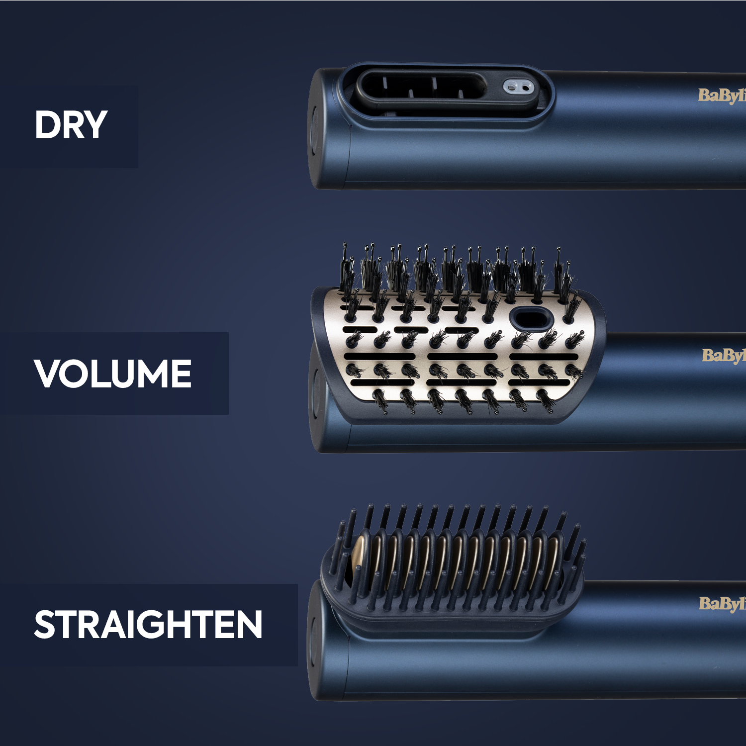 Drei Babyliss-Stylingaufsätze zum Trocknen, für Volumen und zum Glätten auf blauem Hintergrund.