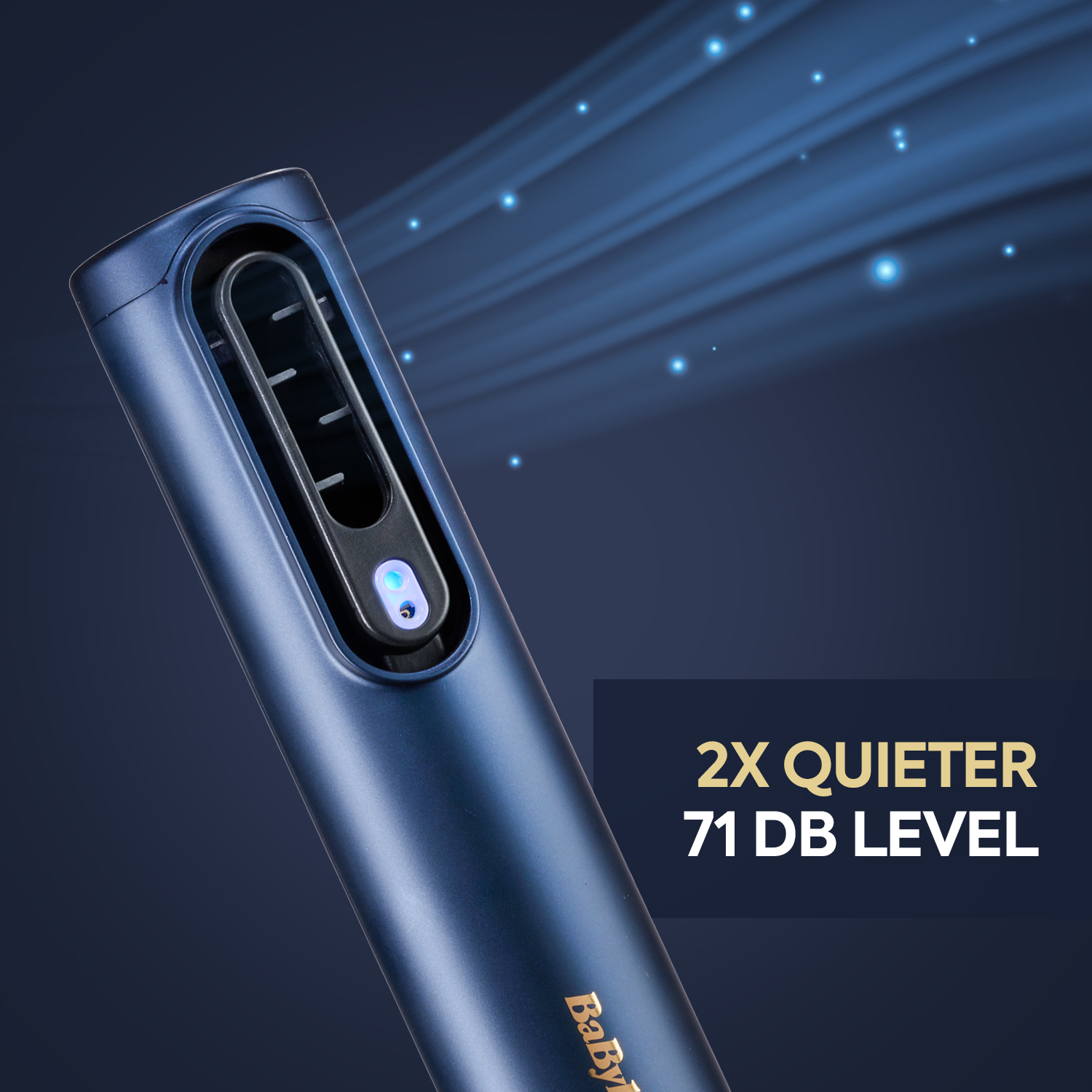Nahaufnahme eines blauen Haarstylinggeräts mit Lichteffekten und Text "2X QUIETER 71 DB LEVEL".